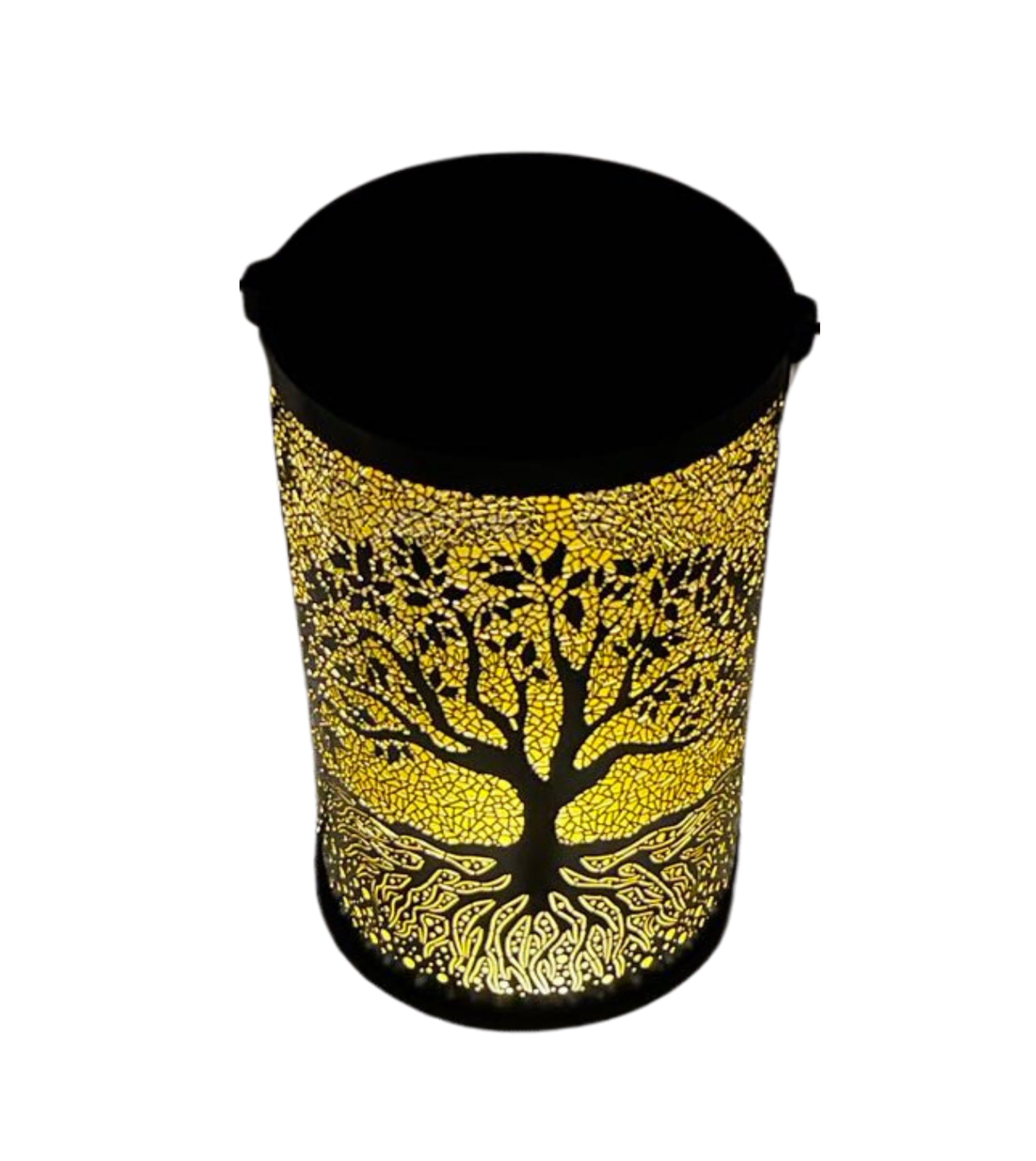 Lanterne solaire en métal noir avec motif arbre de vie, largeur 12 cm, hauteur 20 cm, environ 7-8 heures de lumière.