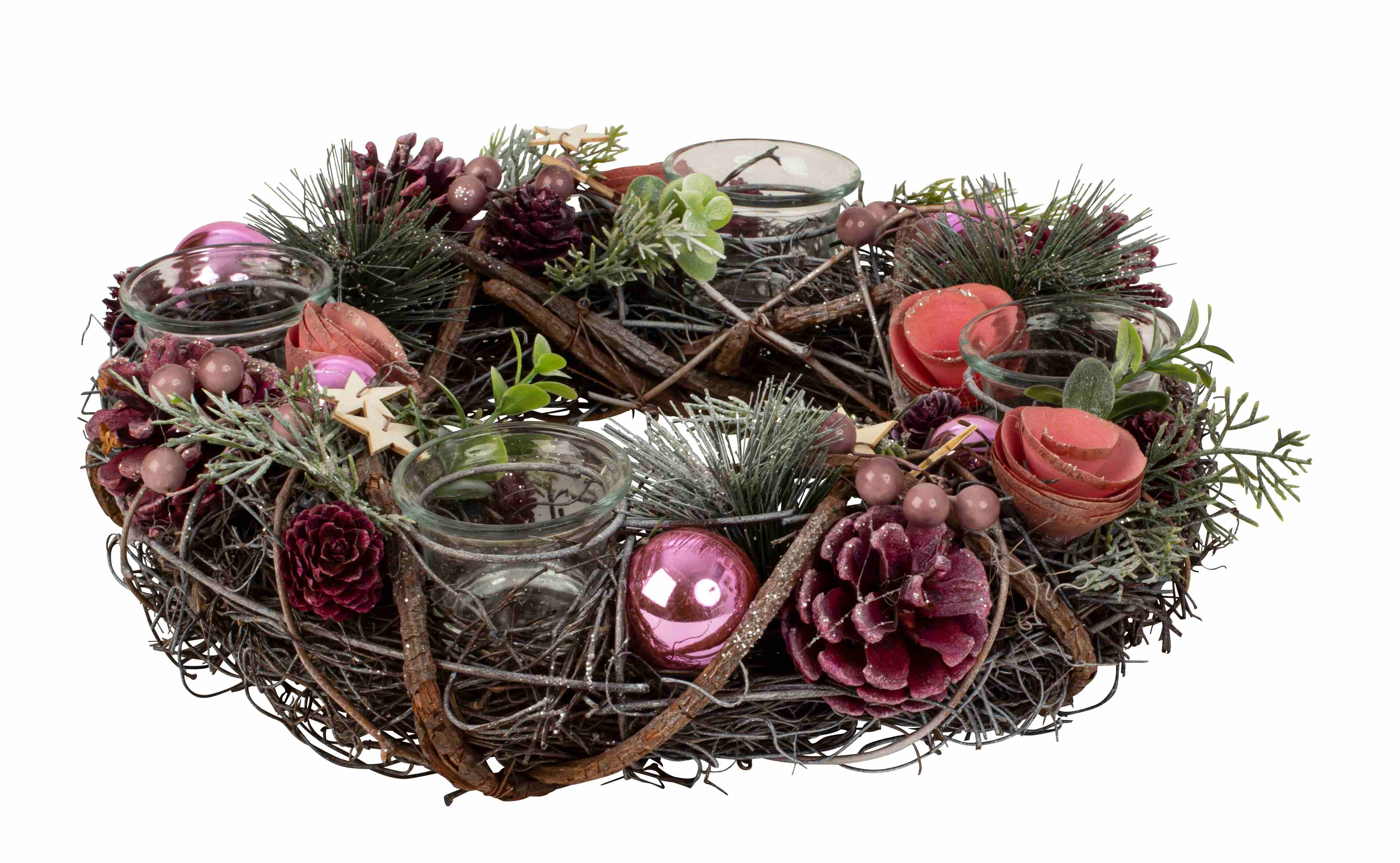 Weihnachtlicher Adventskranz rund mit rosa/grün/brauner Dekoration für Teelichter ⌀ 34 cm