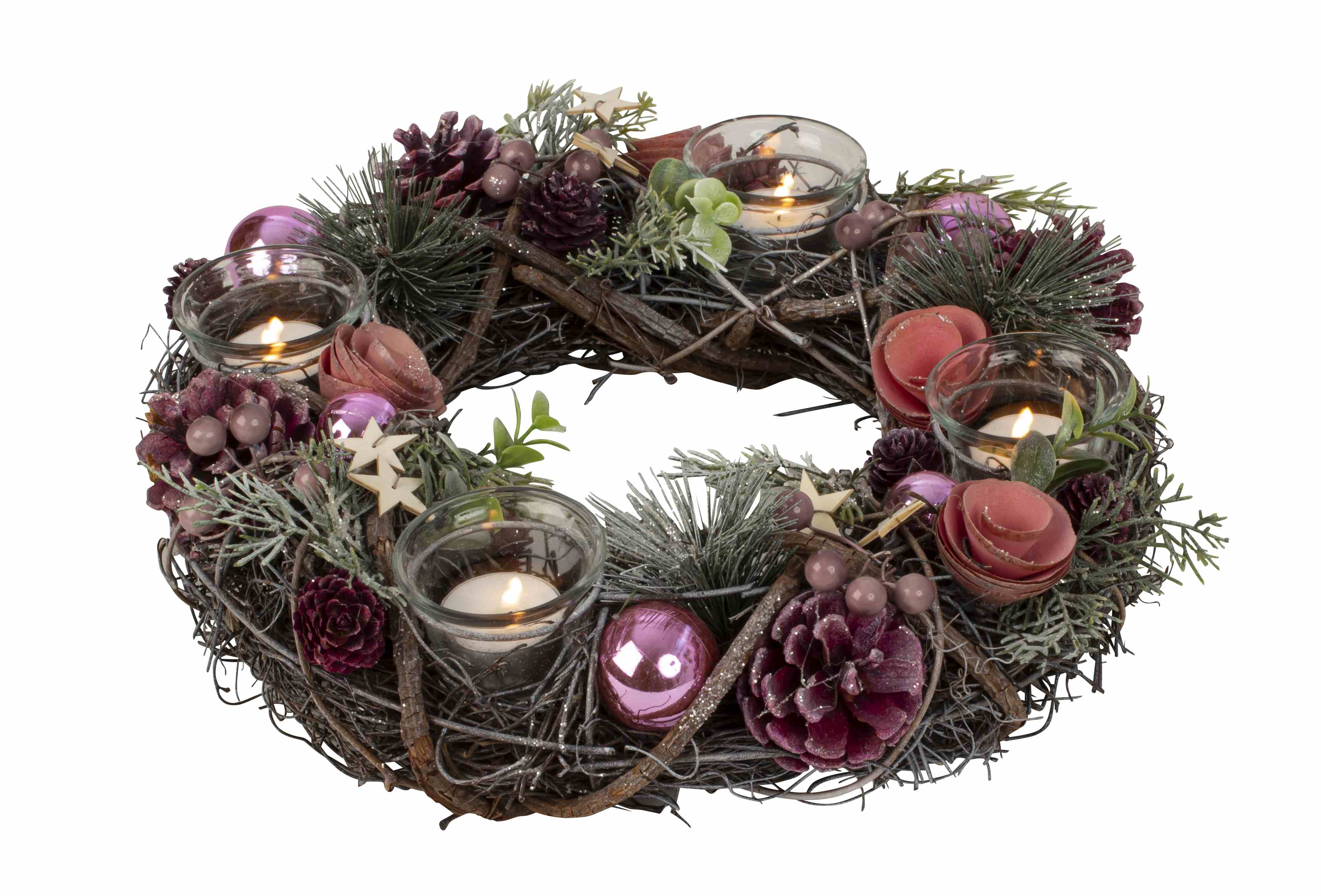 Weihnachtlicher Adventskranz rund mit rosa/grün/brauner Dekoration für Teelichter ⌀ 34 cm