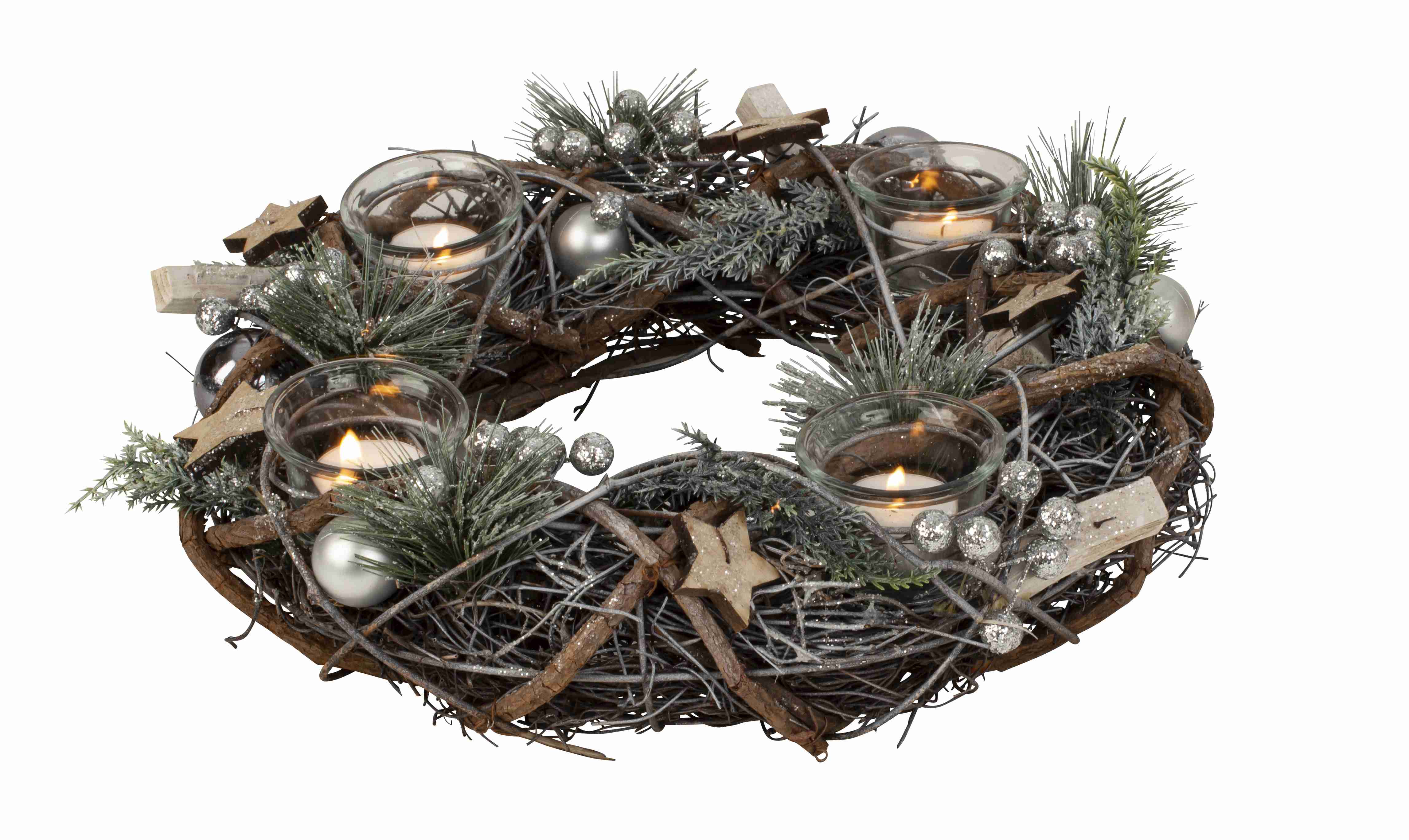 Weihnachtlicher Adventskranz rund mit silber/grün/brauner Dekoration für Teelichter ⌀ 34 cm