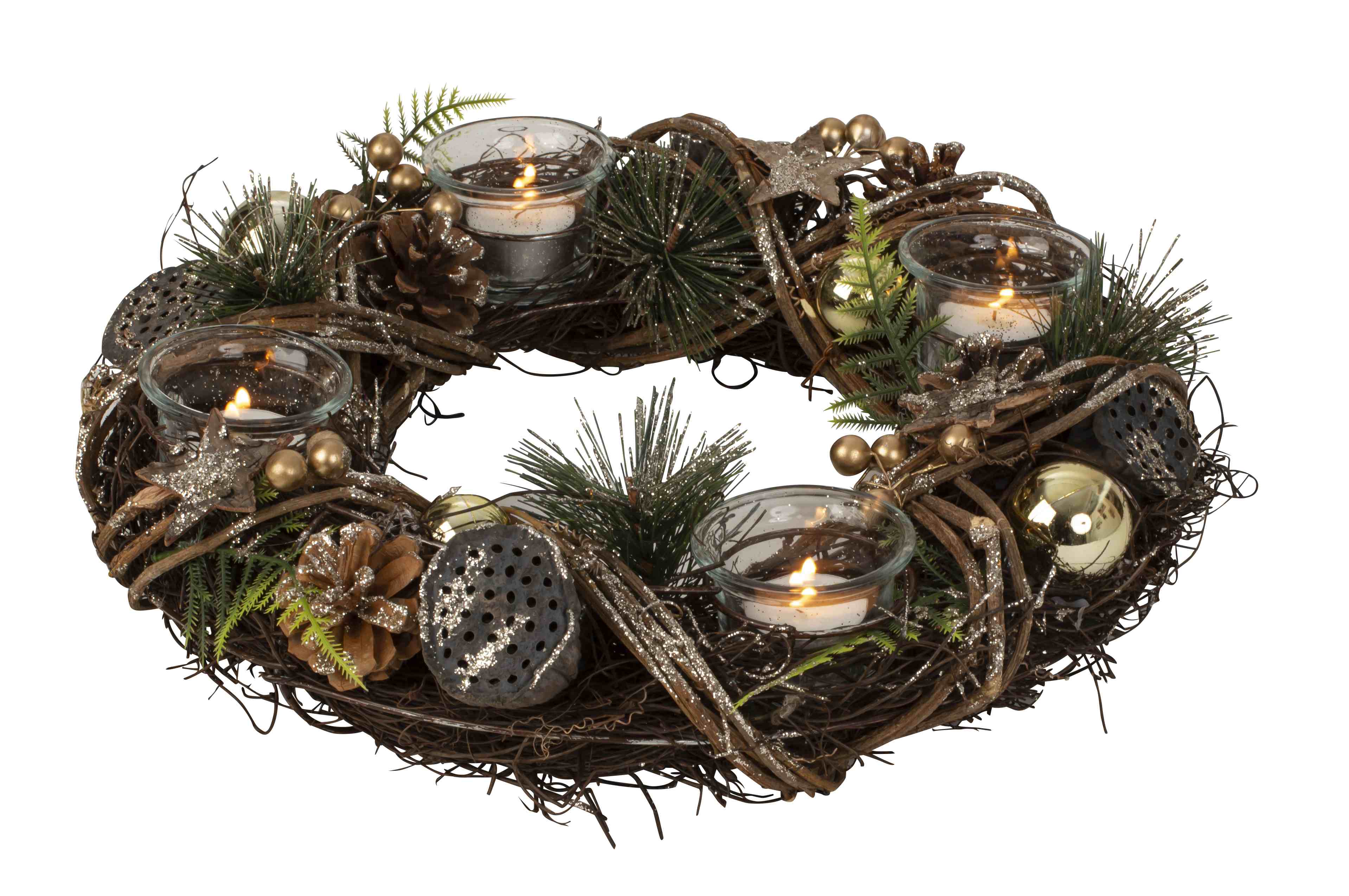 Christmas Advent wreath round with gold/brown decoration for tea lights ⌀ 34 cm