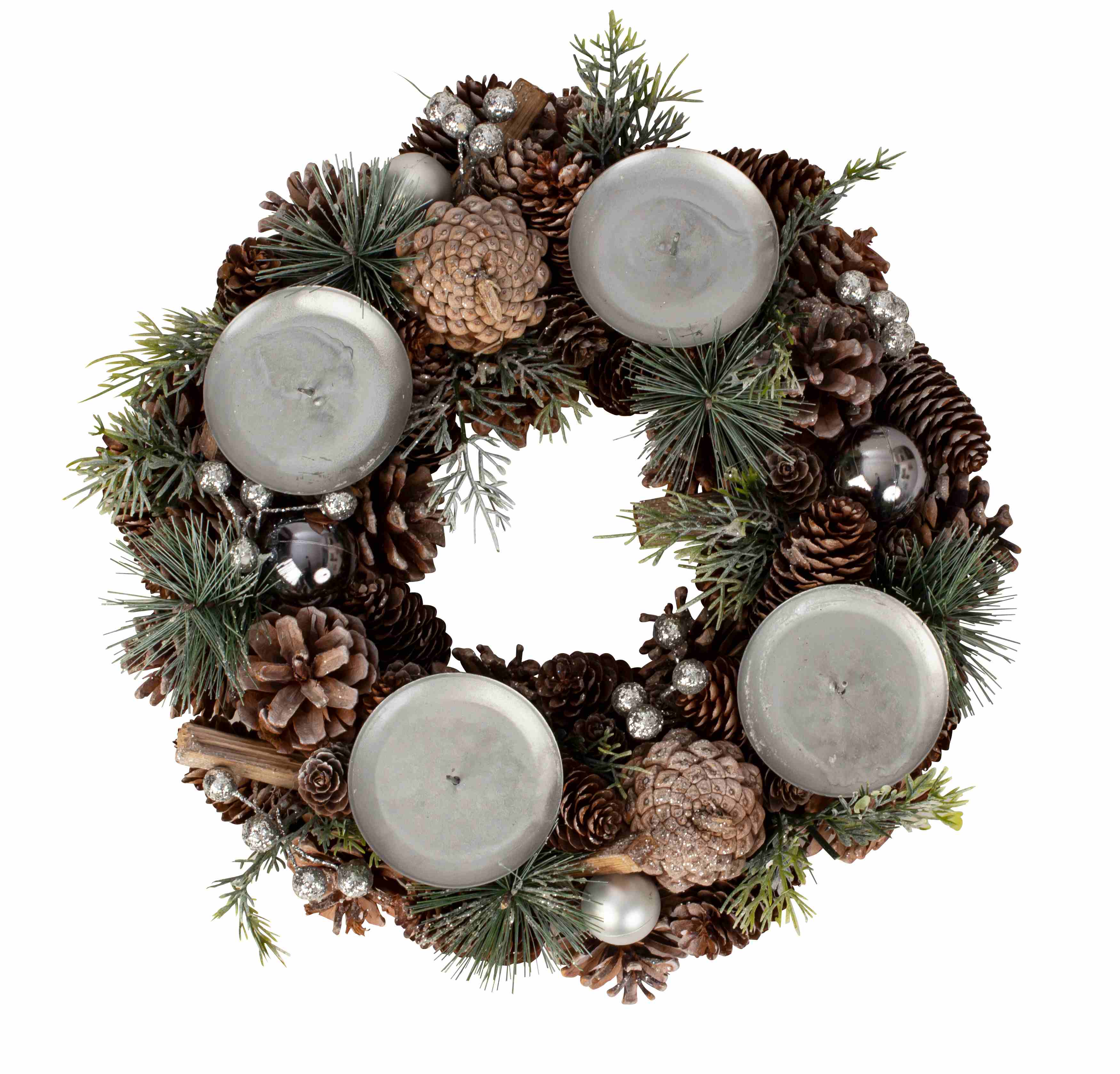 Couronne de Noël ronde avec décoration argent/vert/marron pour bougies ⌀ 34 cm