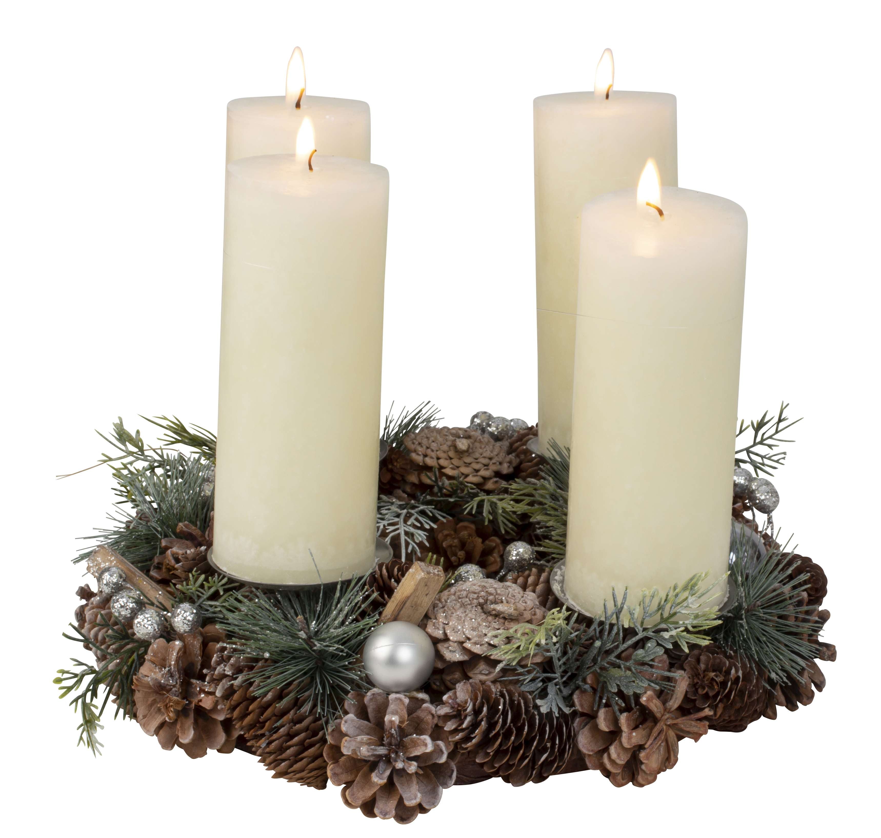 Christmas Advent wreath round with silver/green/brown decoration for candles ⌀ 34 cm