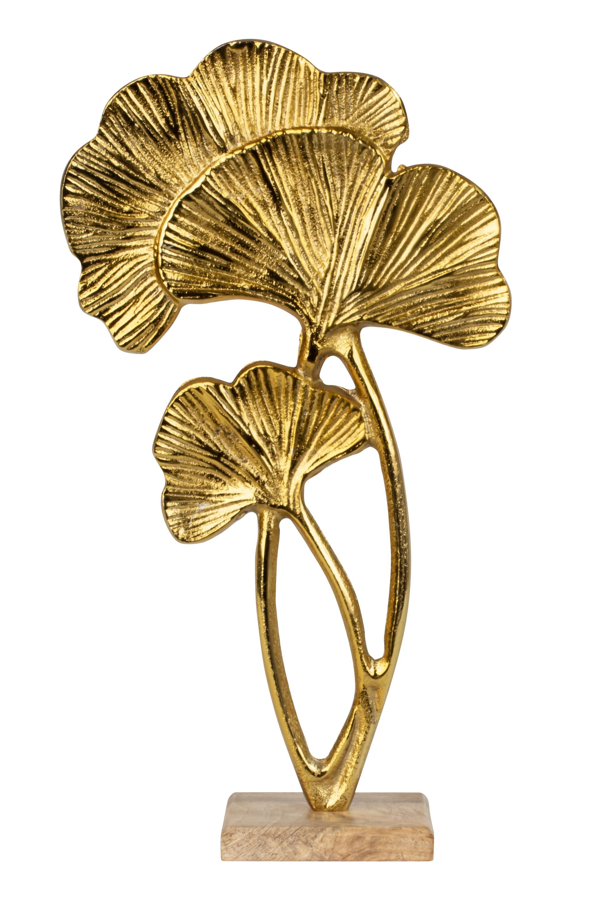 Sculpture decorative figure tropical leaves gold made of metal on wooden base 21x39 cm