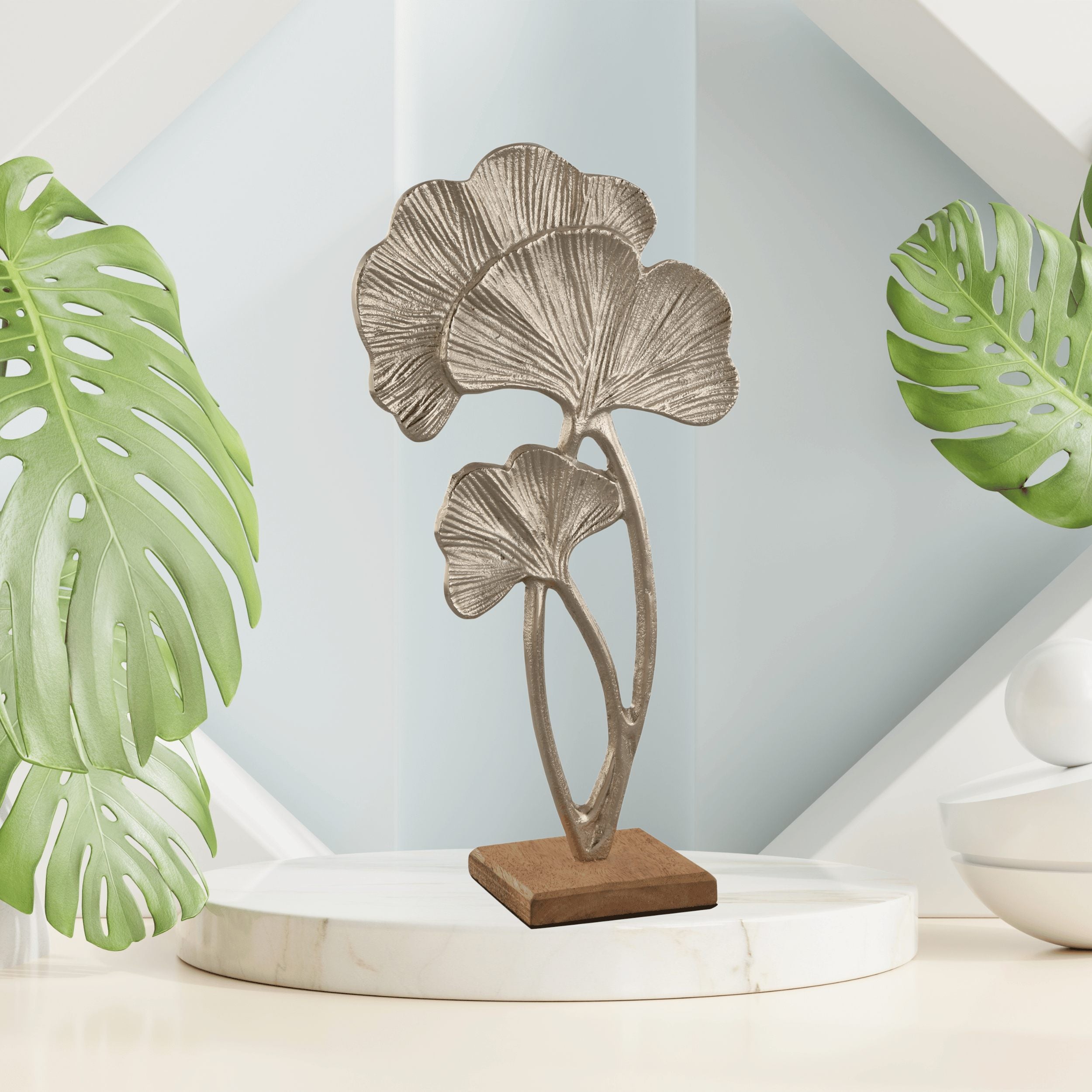 Sculpture decorative figure tropical leaves silver made of metal standing on wooden base 21x39 cm