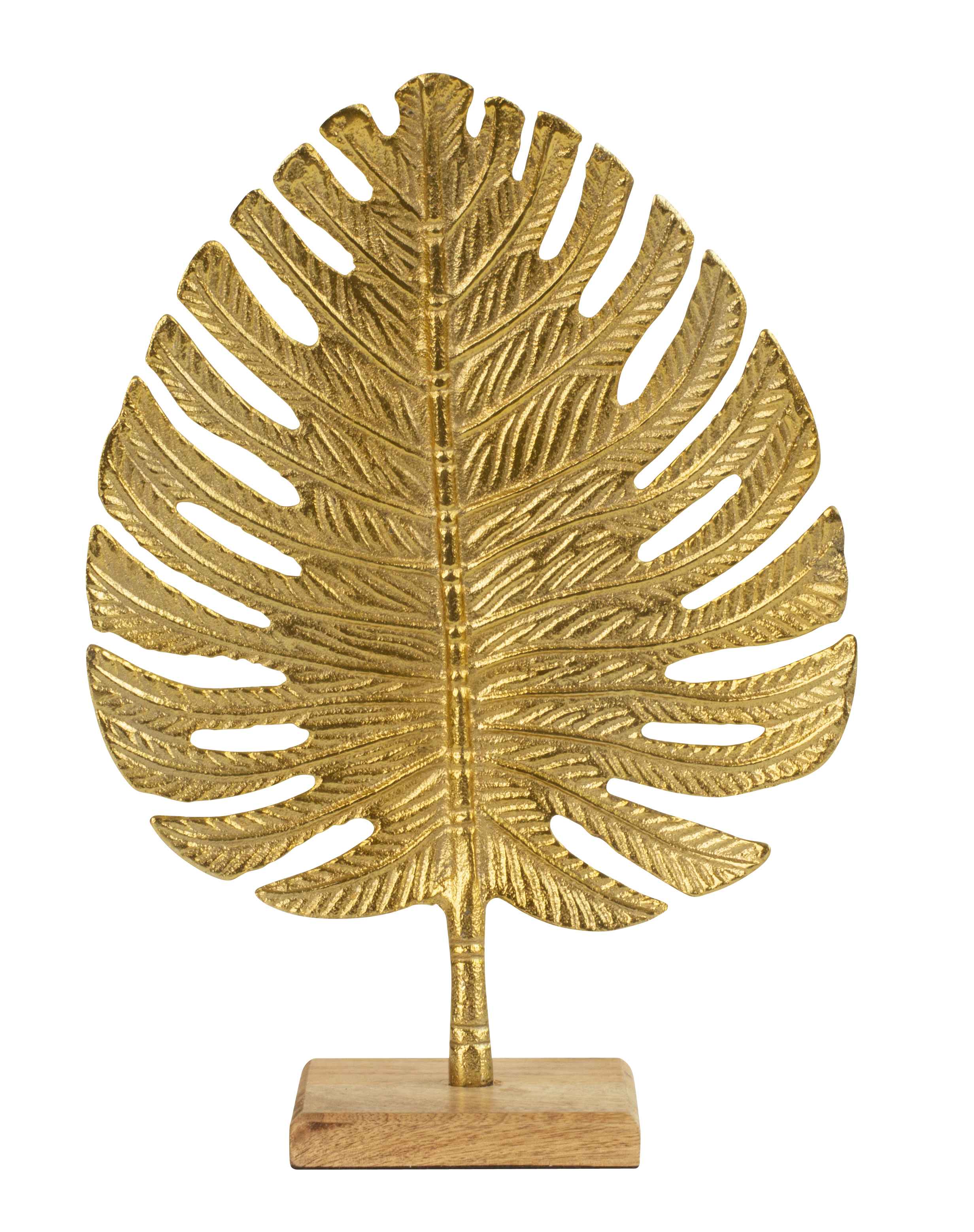 Sculpture decorative figure leaf made of metal gold standing on wooden base 23x32 cm