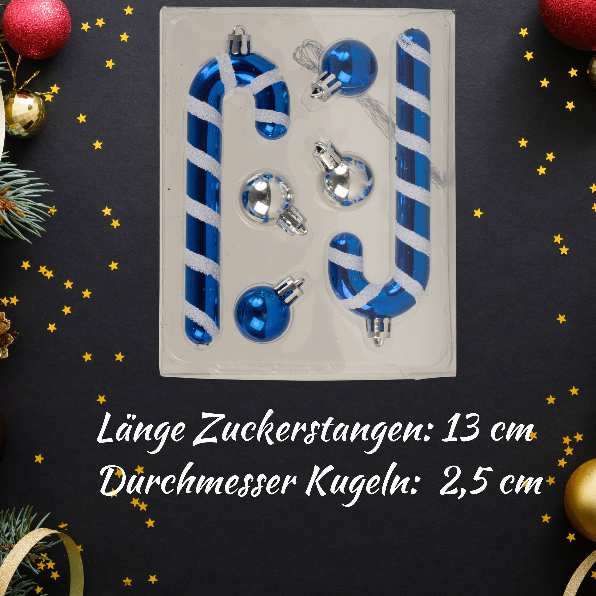 4 x Weihnachtsdekoration Komplettsets mit je 2 Zuckerstangen & 4 Weihnachtskugeln blau/silber