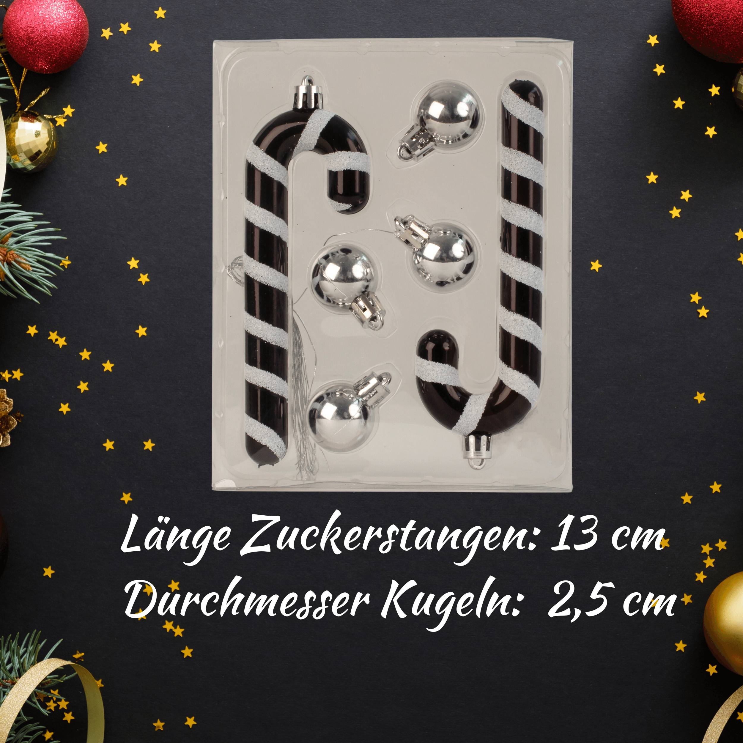 4 x Weihnachtsdekoration Komplettsets mit jeweils 2 Zuckerstangen & 4 Weihnachtskugeln schwarz/silbe