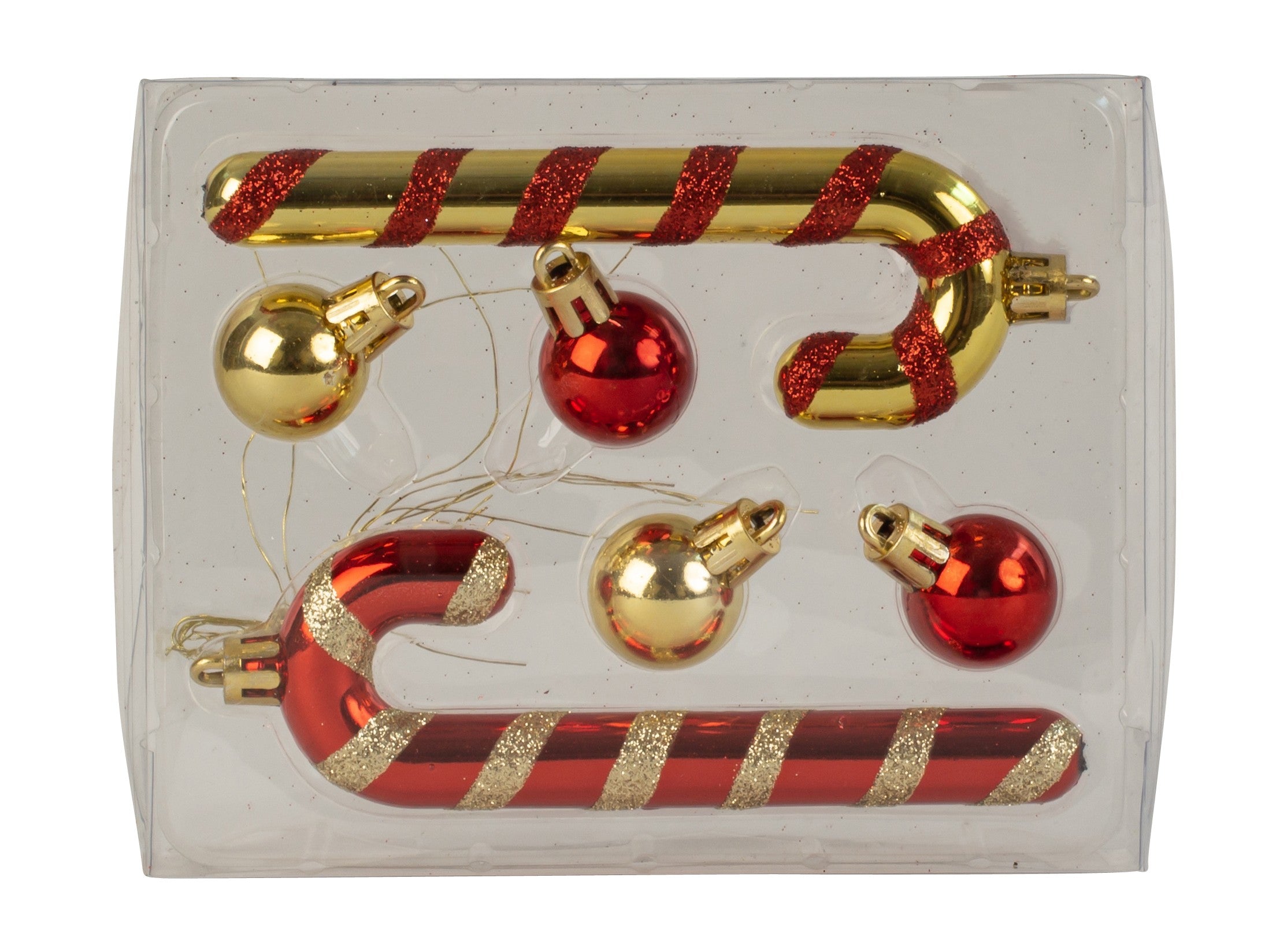 4 x Weihnachtsdekoration Komplettsets mit jeweils 2 Zuckerstangen & 4 Weihnachtskugeln rot/gold