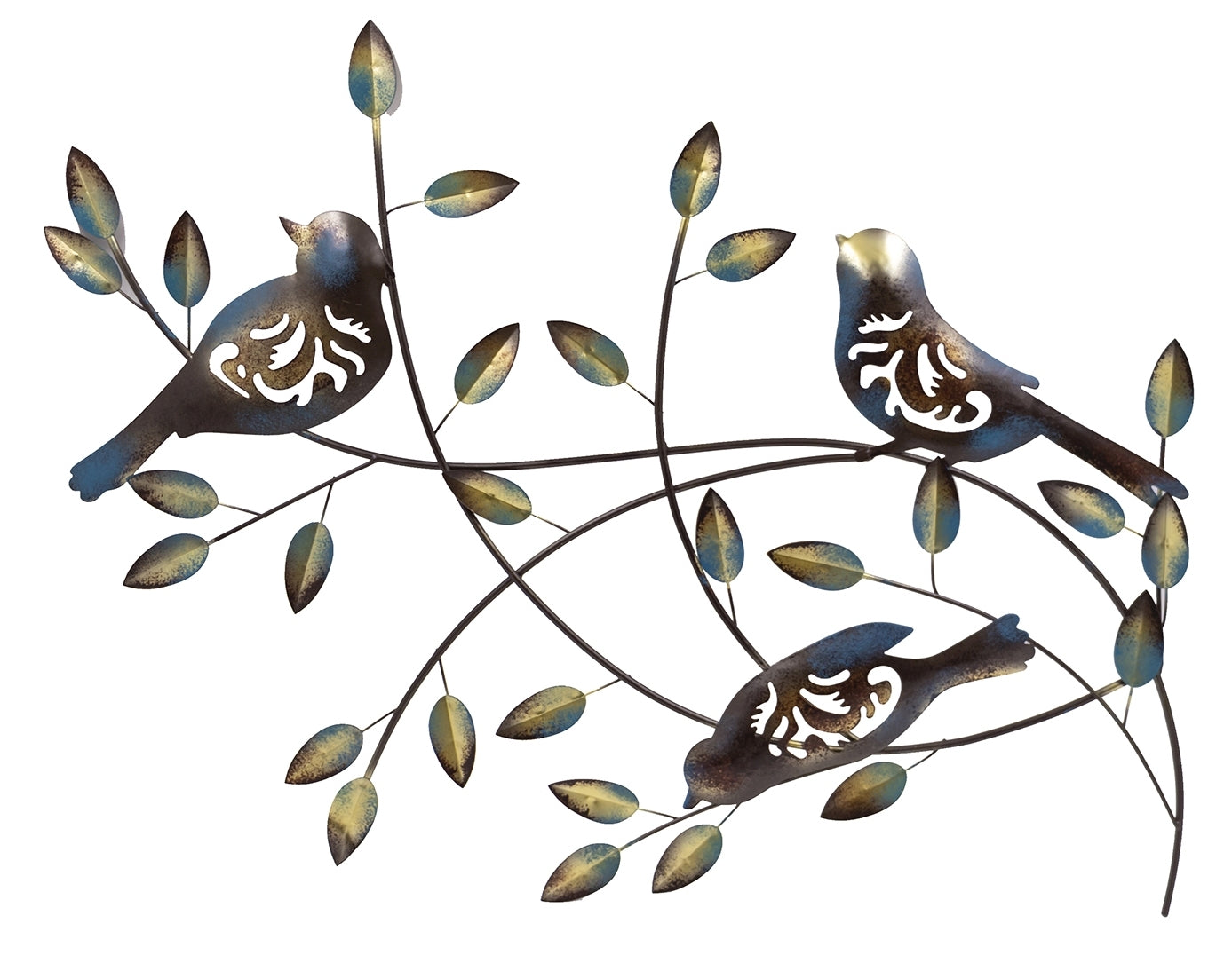 Modern wall decoration wall sculpture mural leaves &amp; birds colorful made of metal 49x66 cm