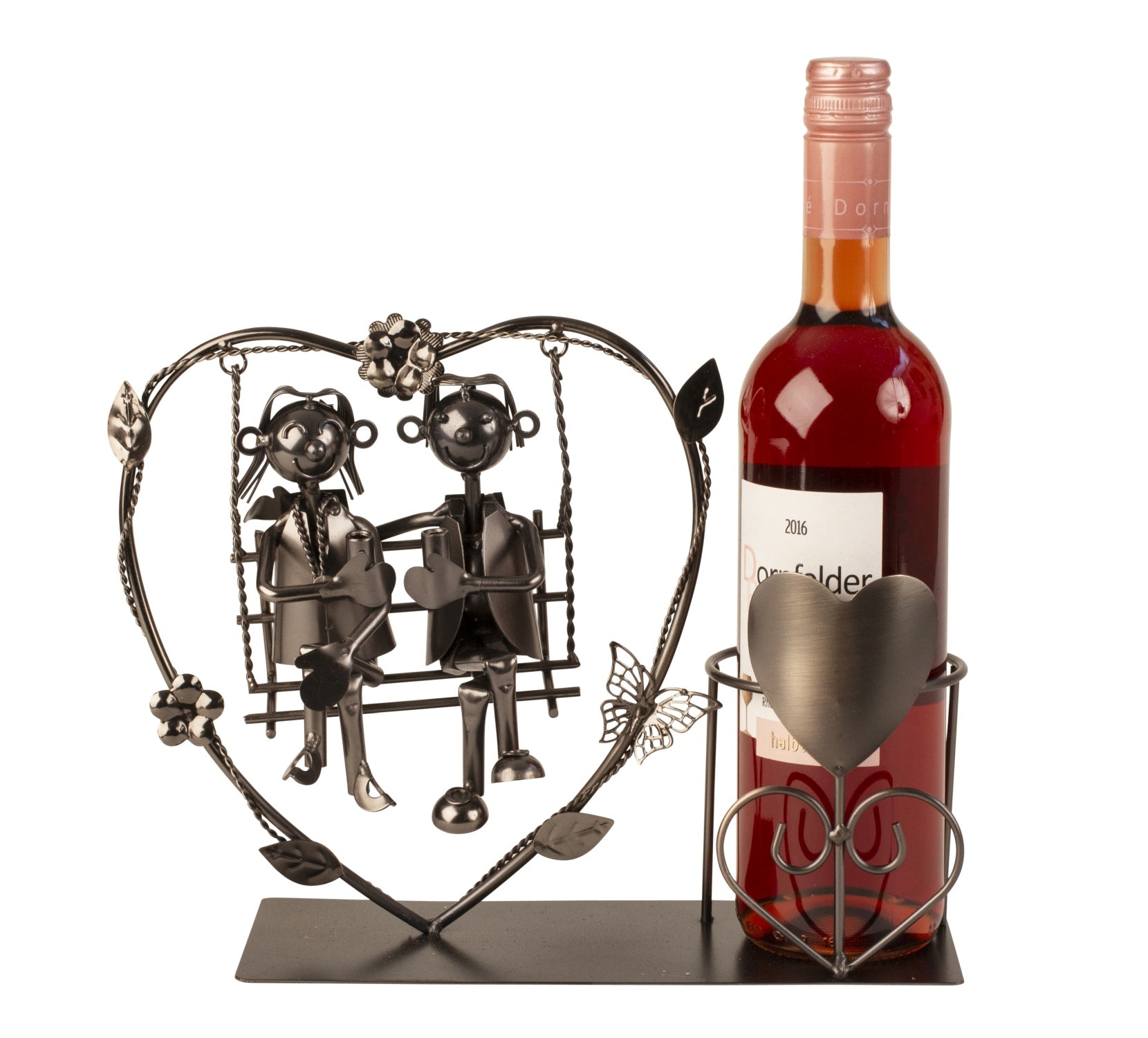 Porte-bouteille de vin coeur avec amoureux sur balançoire - support à bouteille en métal romantique 31x22 cm