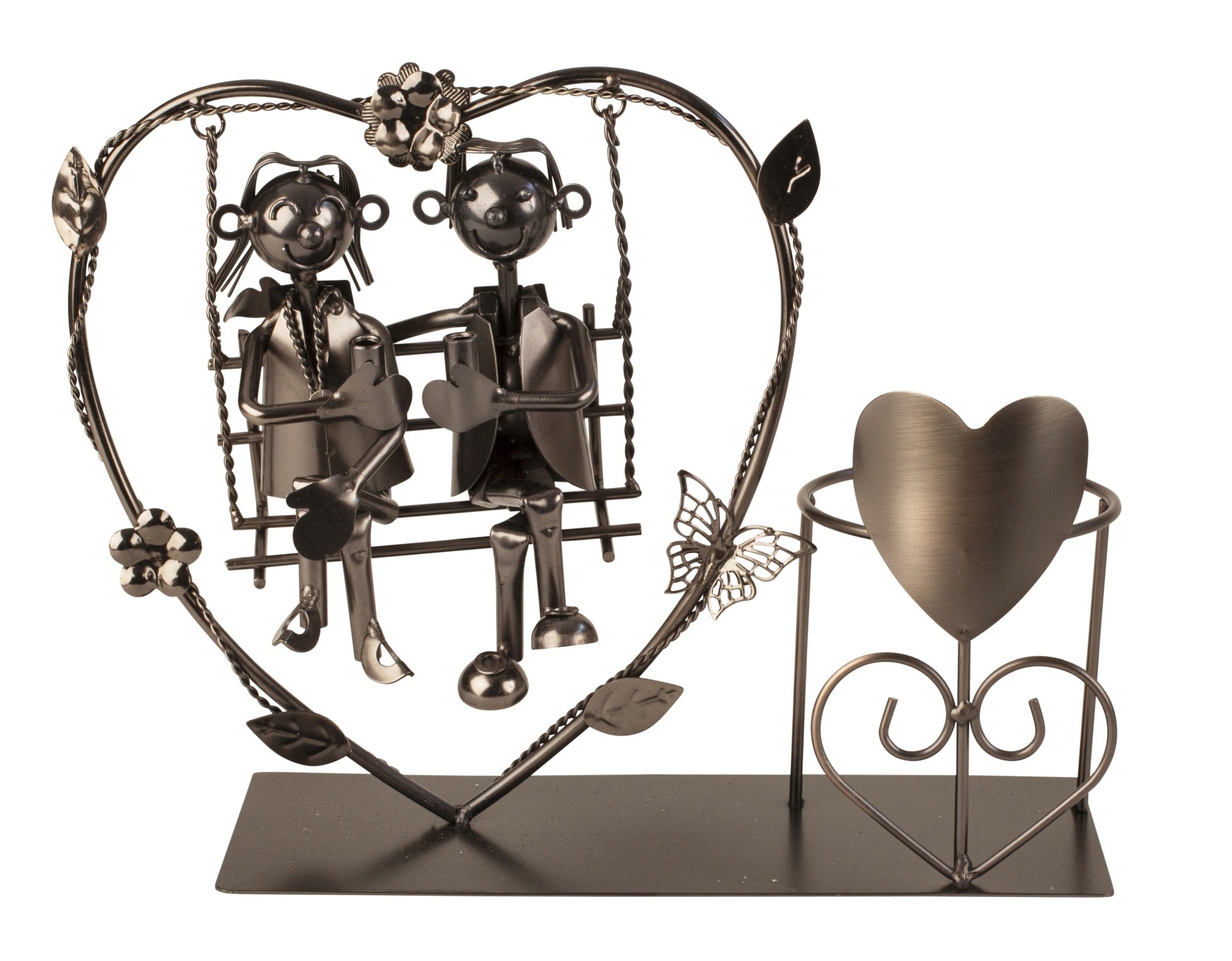 Wine bottle holder heart with lovers on swing - Romantic metal bottle stand 31x22 cm