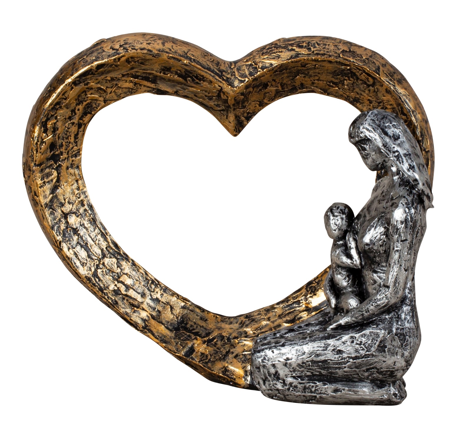 Heart sculpture with mother &amp; child in silver/gold made of artificial stone, height 17.5cm, width 21cm