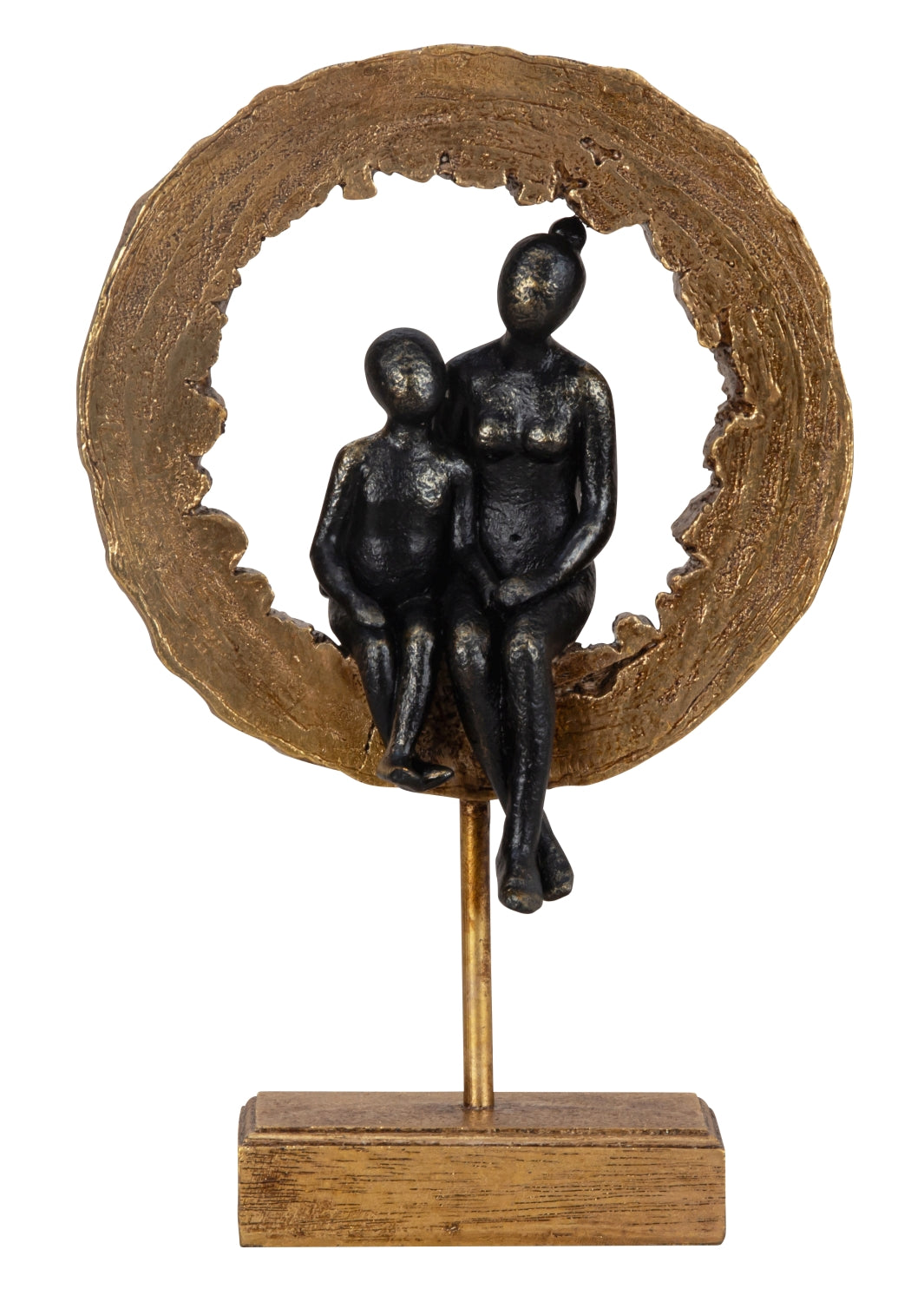 Sculpture maman et enfant assis dans un disque en bois en pierre artificielle avec socle 20x31 cm