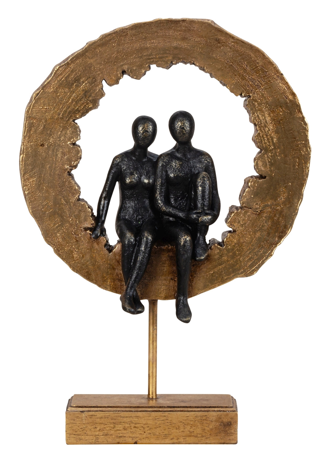 Sculpture man and woman sitting in a wooden disc made of polyresin including base height 37cm width