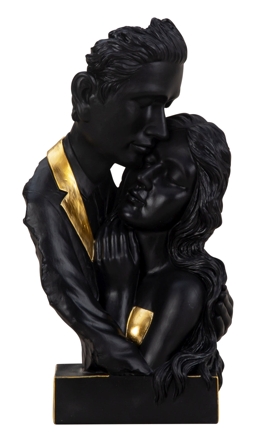 Sculpture d'amoureux noire avec éléments dorés en pierre artificielle avec socle noir hauteur 30 cm Br