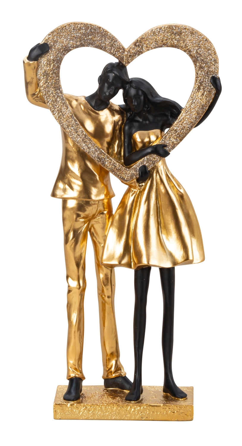 Sculpture couple standing with heart in hand gold made of artificial stone height 35.5cm width 18 cm