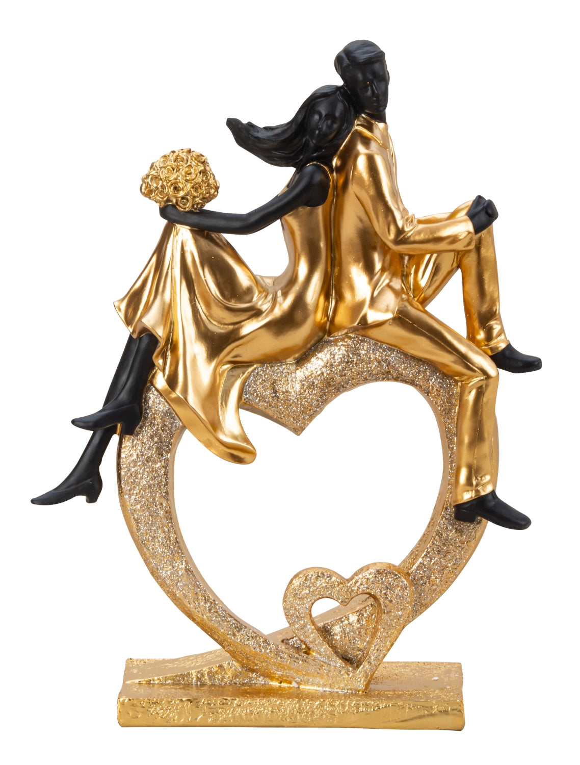 Sculpture couple assis sur un coeur doré en pierre artificielle, hauteur 33cm, largeur 24,5cm