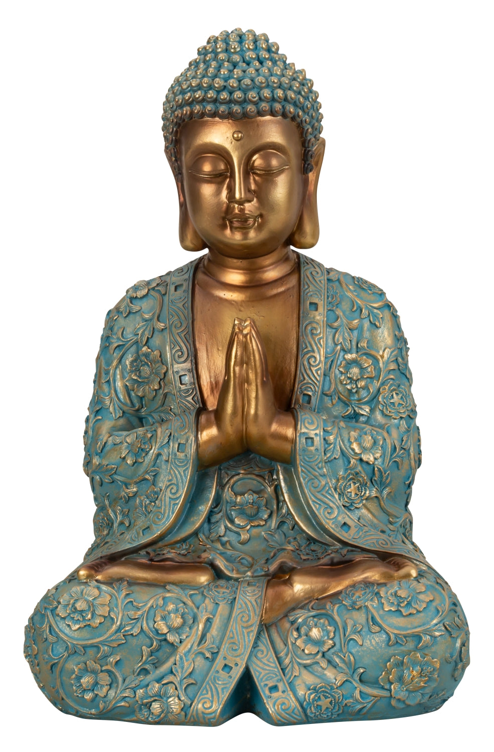 Sculpture figure décorative Bouddha en pierre artificielle or/vert menthe hauteur 41,5cm largeur 28cm