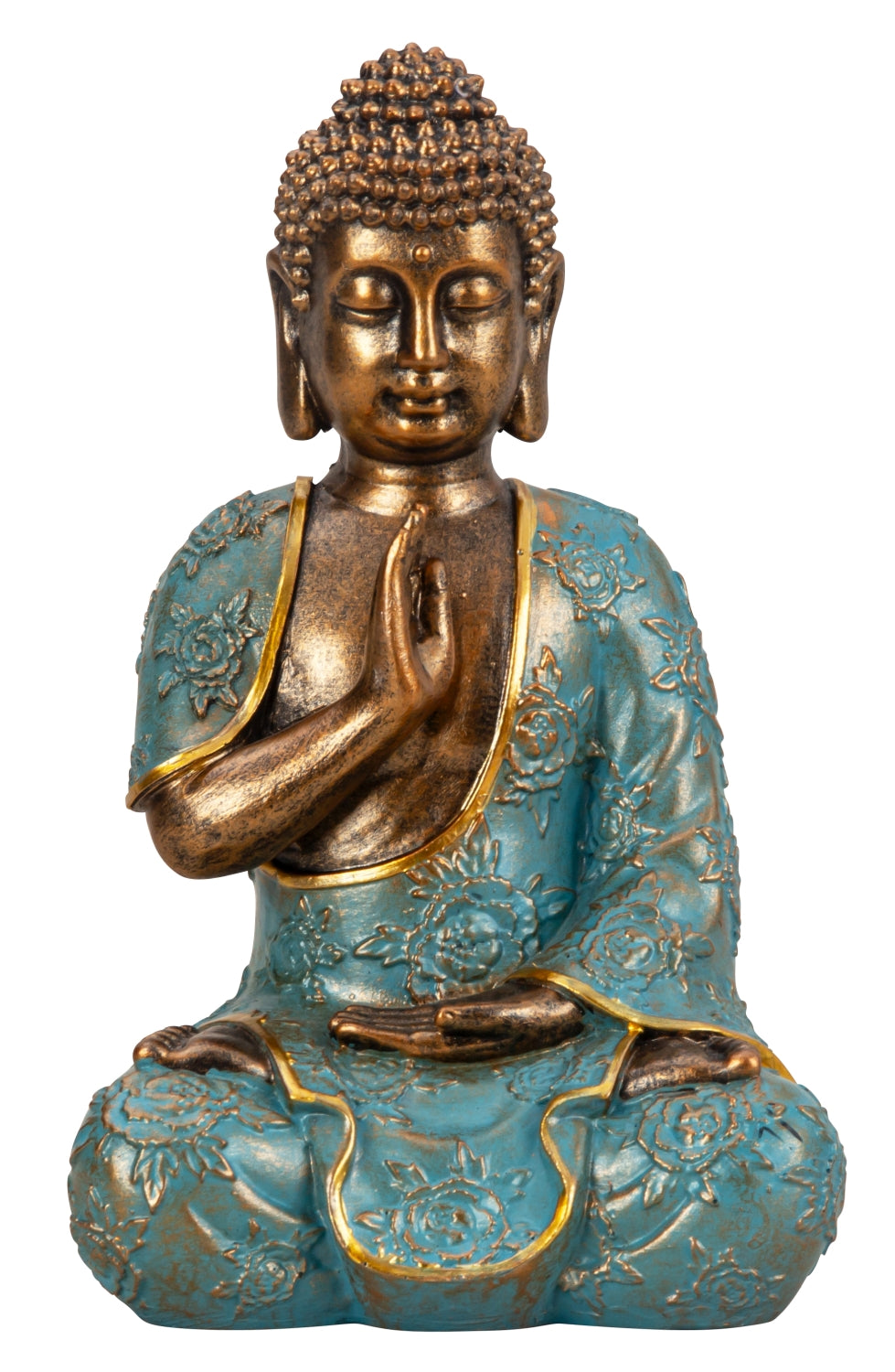 Sculpture de Bouddha figure décorative en pierre artificielle or/vert menthe hauteur 23cm largeur 14cm