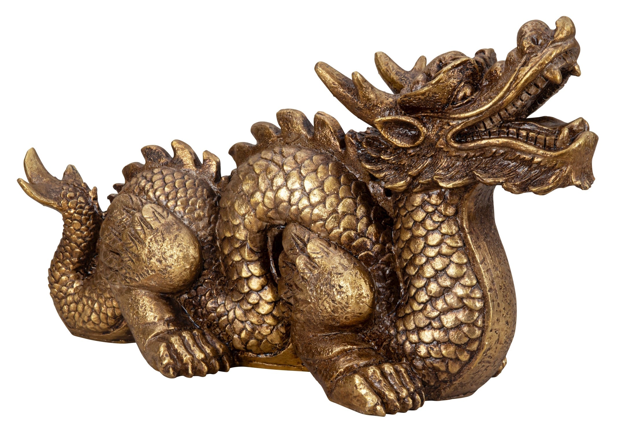 Sulpture Dragon Chinois Doré en pierre artificielle Longueur 44 cm Hauteur 25cm