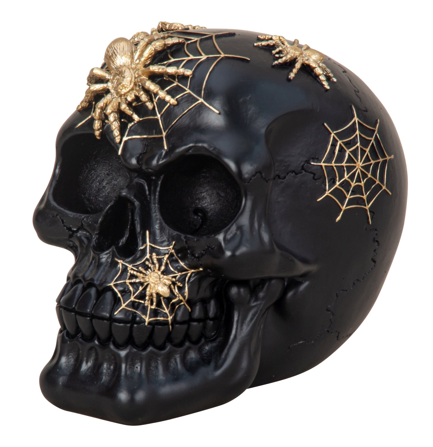 Skulptur Dekofigur Totenkopf  schwarz mit goldenen Spinnen aus Kunststein Höhe 12cm Breite 15cm