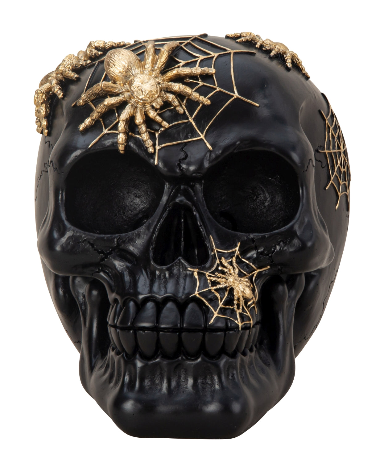 Skulptur Dekofigur Totenkopf  schwarz mit goldenen Spinnen aus Kunststein Höhe 12cm Breite 15cm