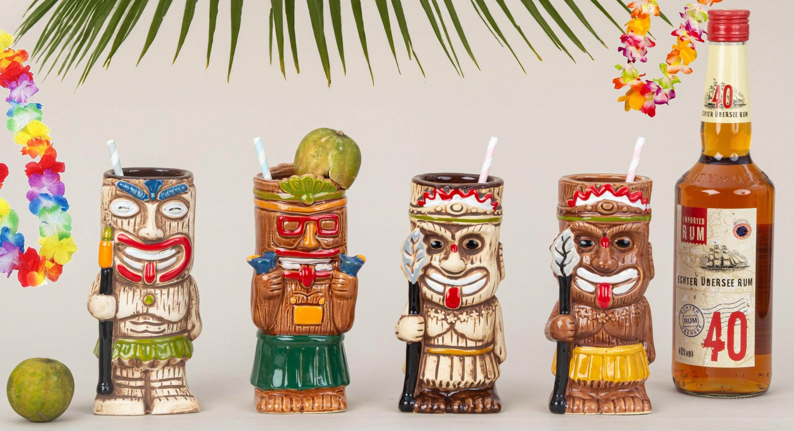 Tiki-Becher Set mit 4 Originell gestalteten Cocktail Tassen aus Keramik Höhe 17,2-18cm ⌀ 6,5-7cm