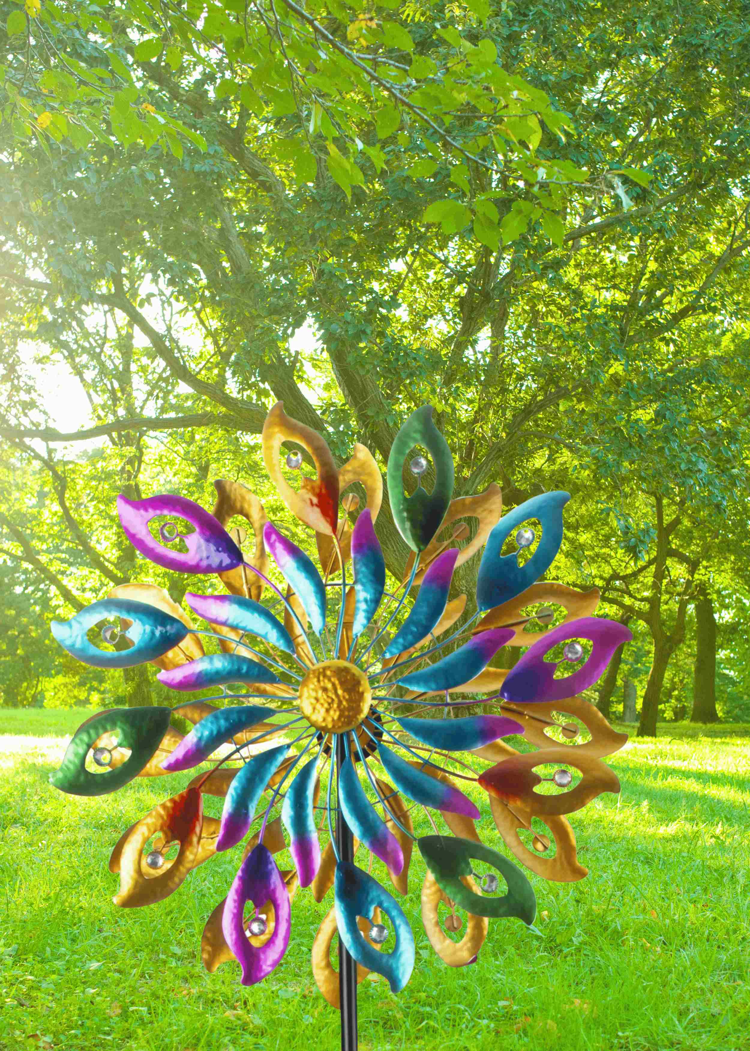 Windmill wind chime multi-coloured made of metal as a garden stake height 188 cm diameter 60 cm