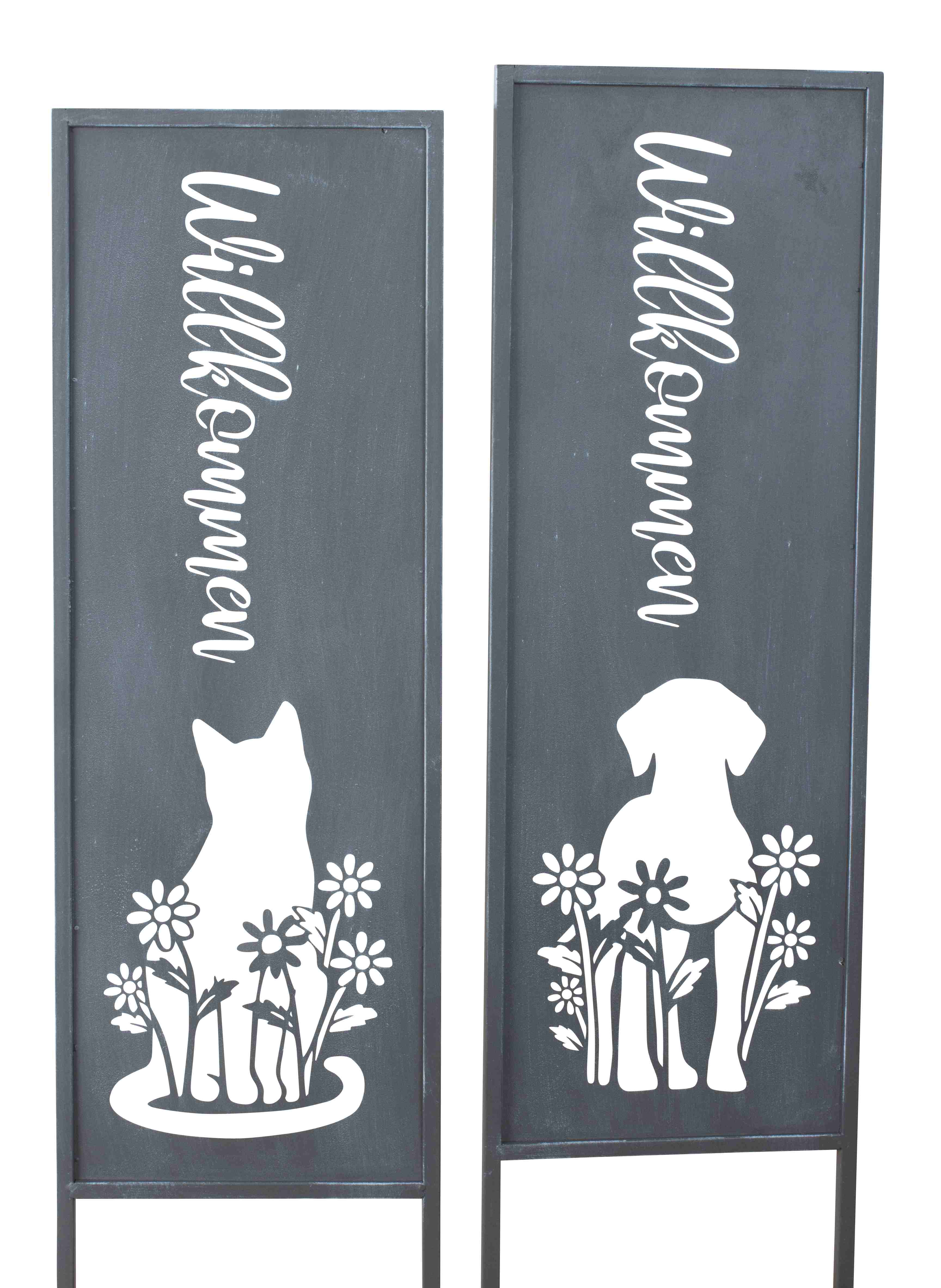 2x panneau de jardin bienvenue | Chat et chien | avec des fleurs et décoré en métal gris hauteur 83 cm