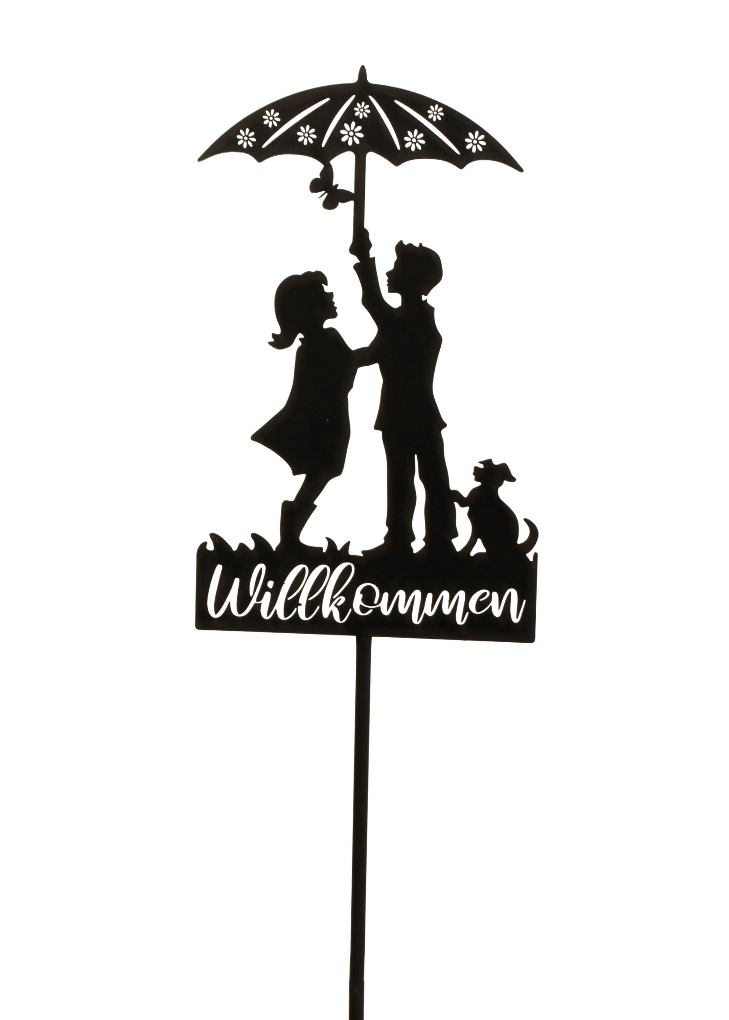 Garden sign garden stake couple with dog "Welcome" black made of metal height 98cm width 18cm