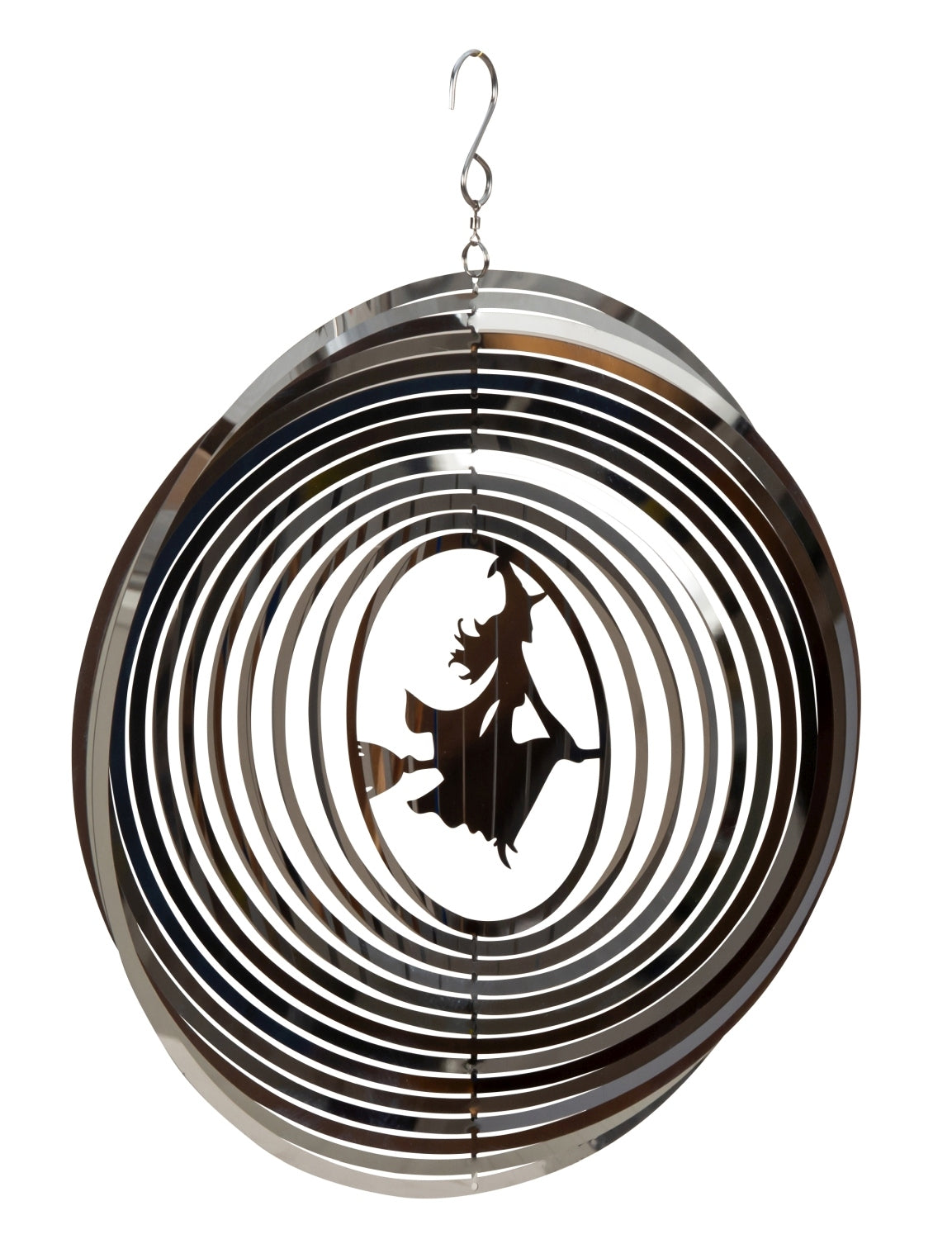 3D wind chime made of stainless steel with witch motif for hanging, diameter 25 cm