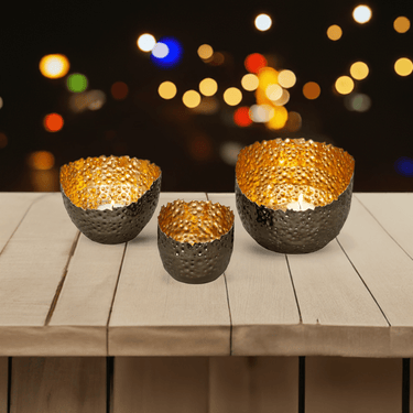 3er Set Teelichthalter Windlicht in moderner Form schwarz/Gold aus Metall H 8+10+12cm D 9,5+13+16cm - Lifestyle & More
