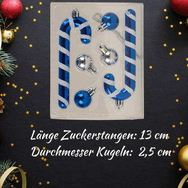 4 x Weihnachtsdekoration Komplettsets mit je 2 Zuckerstangen & 4 Weihnachtskugeln blau/silber - Lifestyle & More