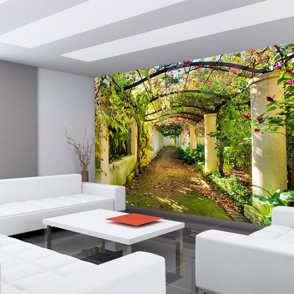 Nonwoven photo wallpaper Way in my GardenFlower wallpaper garden terrace flower tendrils flower 3D perspective