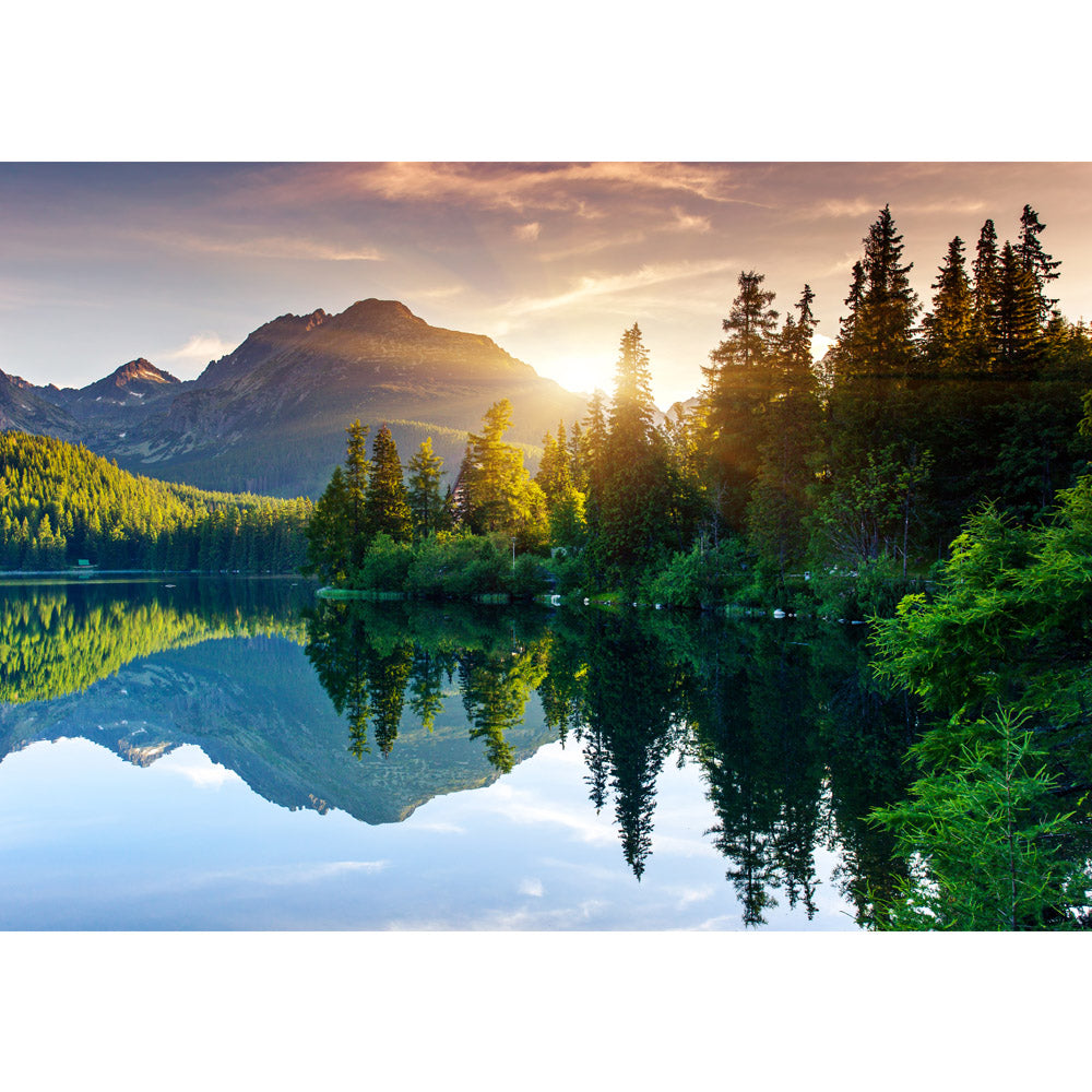 Vlies Fototapete Mountain Lake View Landschaft Tapete Berge See Sonnenuntergang Romantisch Bäume