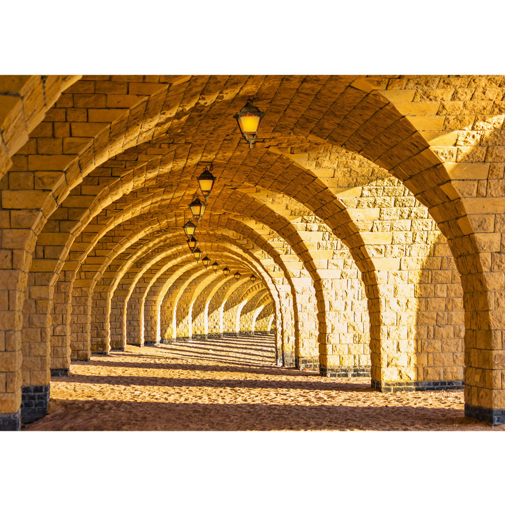 Nonwoven photo wallpaper Arched Stone Colonnades Architecture Wallpaper 3D Perspective Vault Columns Sandstone