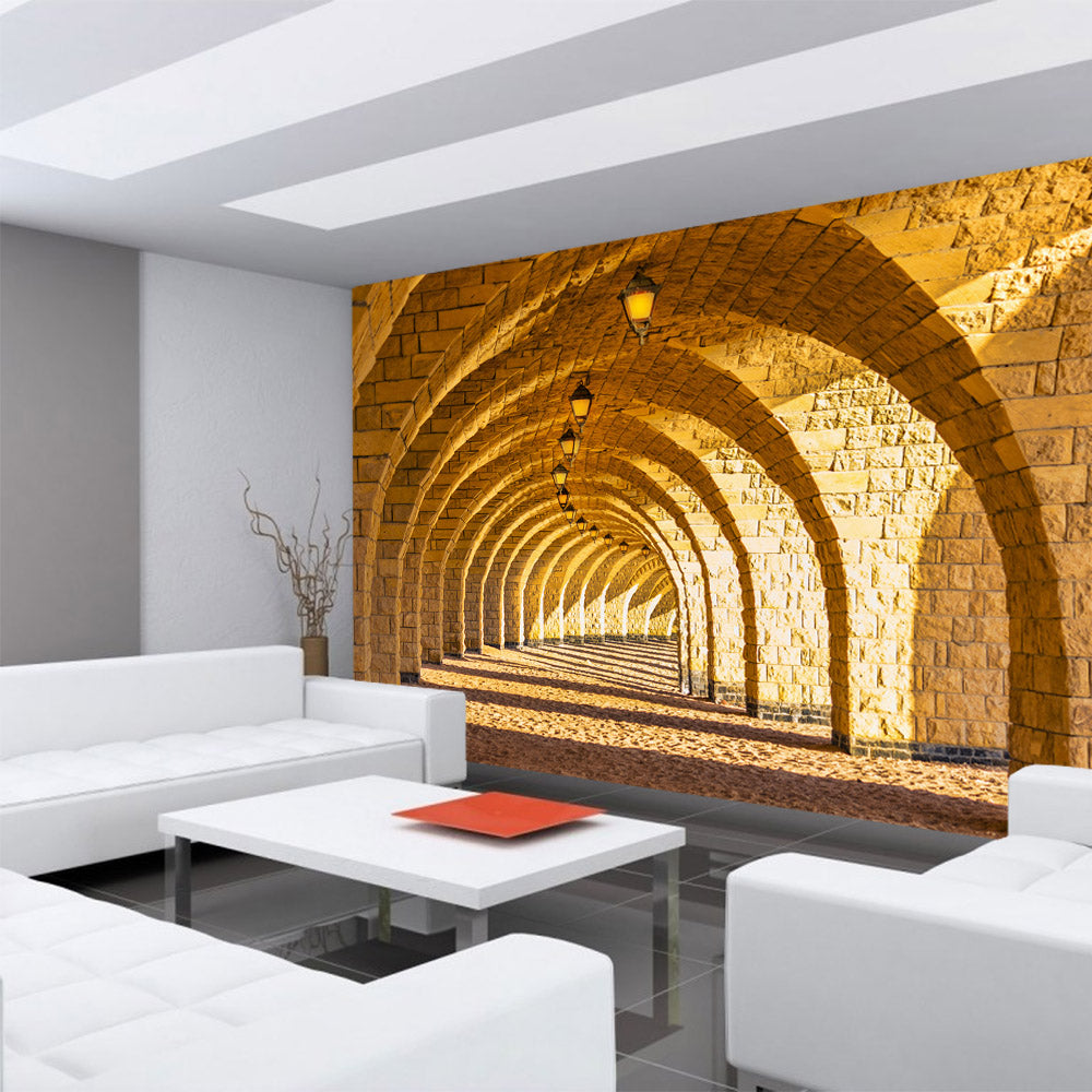 Nonwoven photo wallpaper Arched Stone Colonnades Architecture Wallpaper 3D Perspective Vault Columns Sandstone