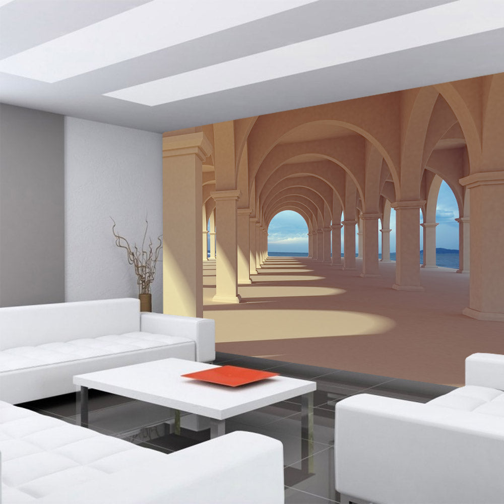 Papier peint photo intissé architecture Arcade romantique papier peint romantique perspective 3D colonnade arcade beige