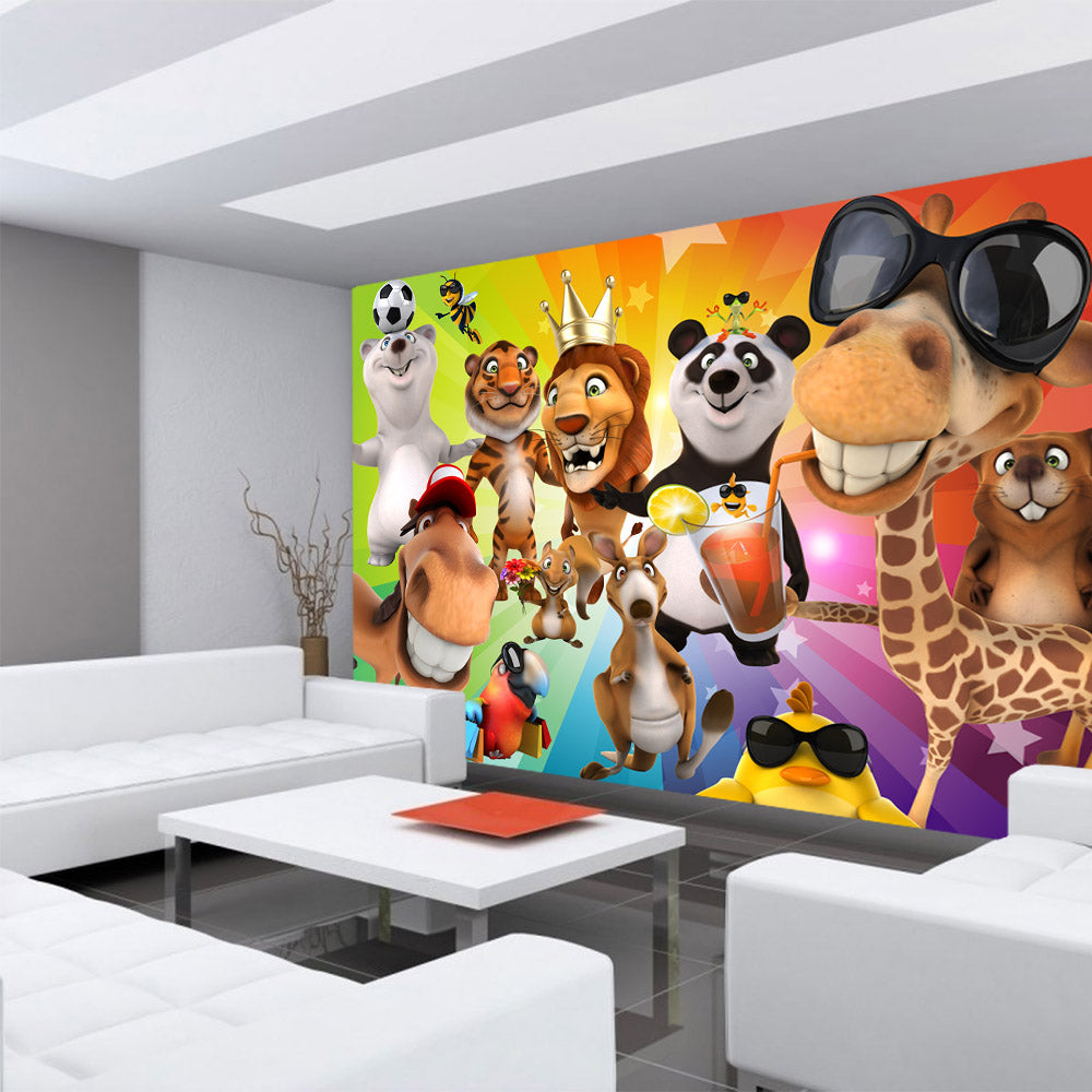 Nonwoven photo wallpaper Safari Party Animals children's wallpaper wallpaper children's room zoo animals safari comic