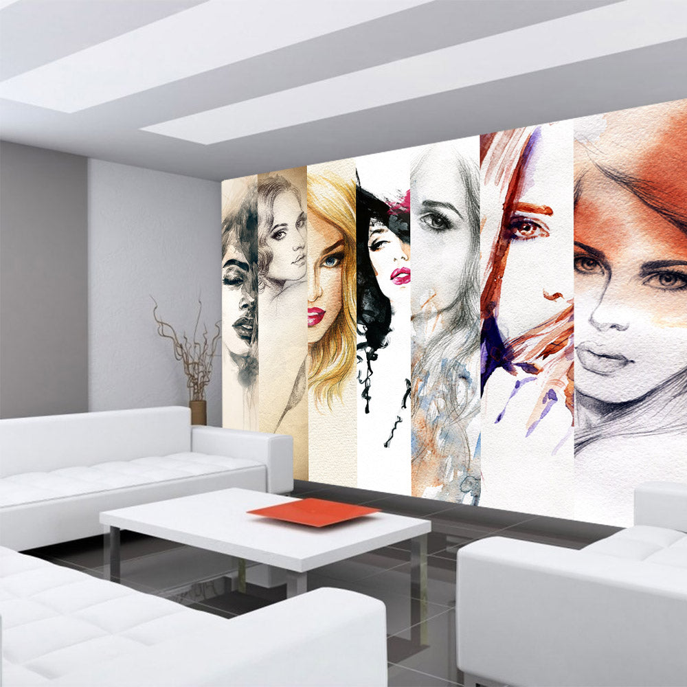 Nonwoven photo wallpaper faces of women art wallpaper women woman drawing faces beautiful beauty colorful