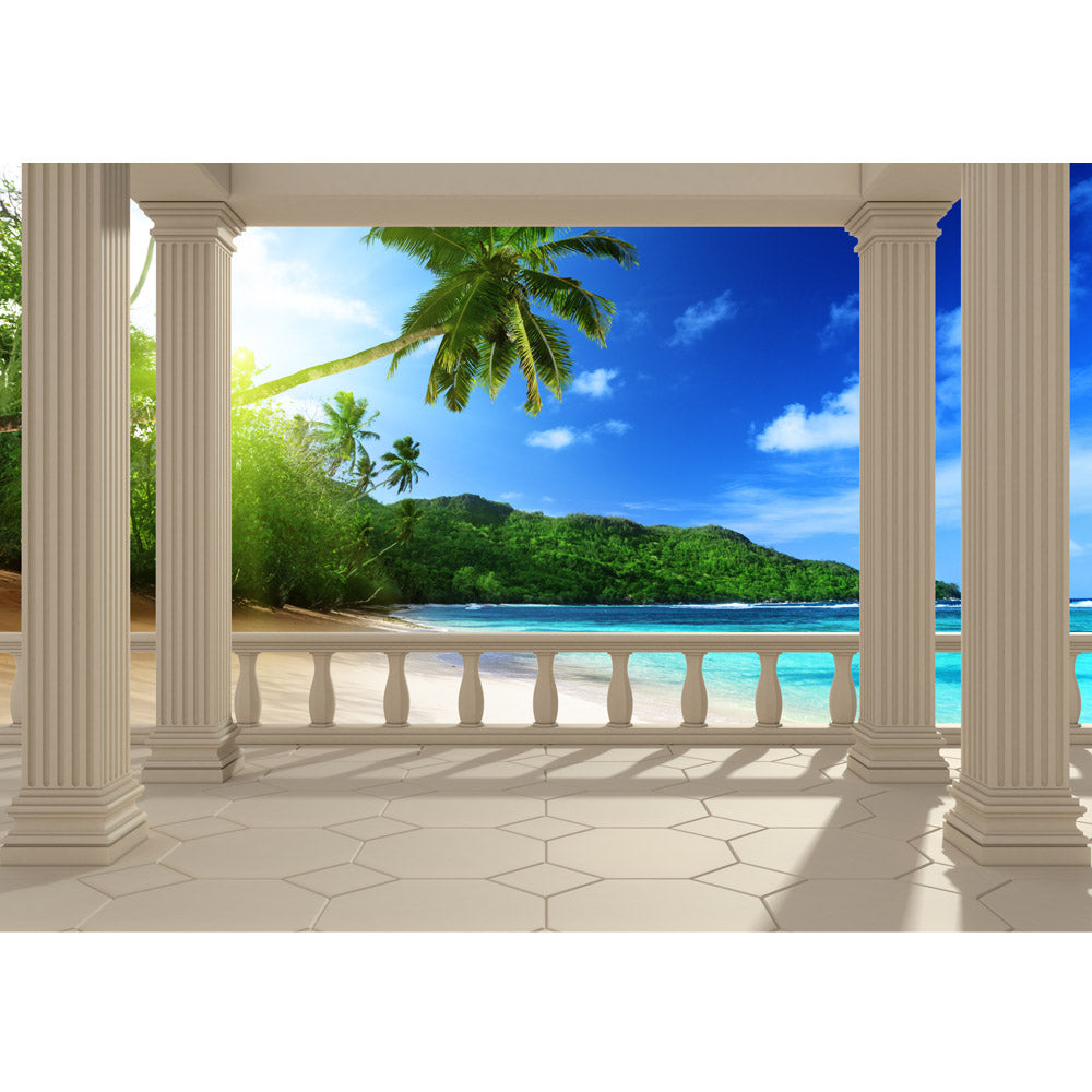 Nonwoven photo wallpaper Terrace View Caribbean Beach Sea Wallpaper View Terrace Sea View 3D Beach Sun