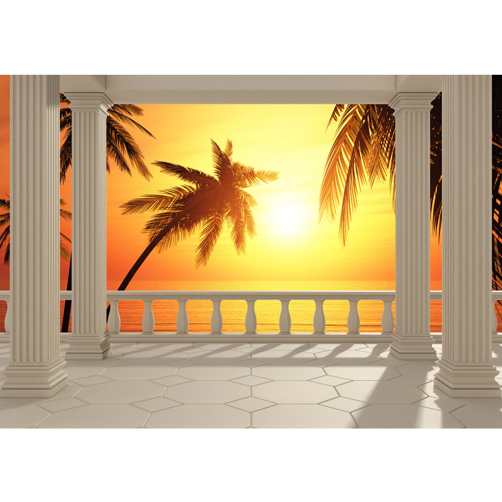 Nonwoven photo wallpaper Terrace View Romantic Sunset Sea Wallpaper Sunrise Beach Palm Trees