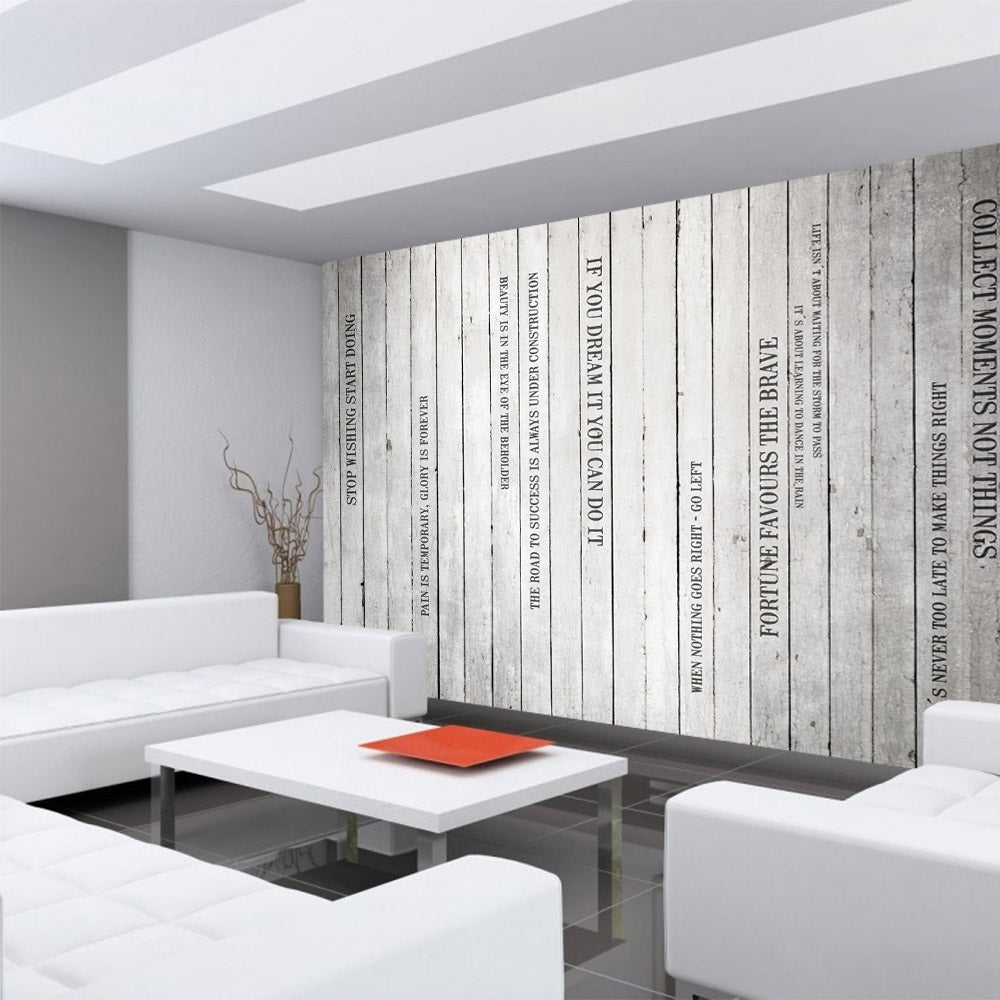 Nonwoven photo wallpaper Words on Wooden Wall II writing art wallpaper wood look wooden wall panel with text