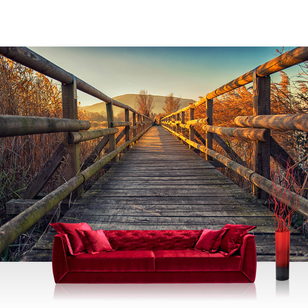 Nonwoven photo wallpaper landscape wallpaper wooden path sunrise romantic view brown