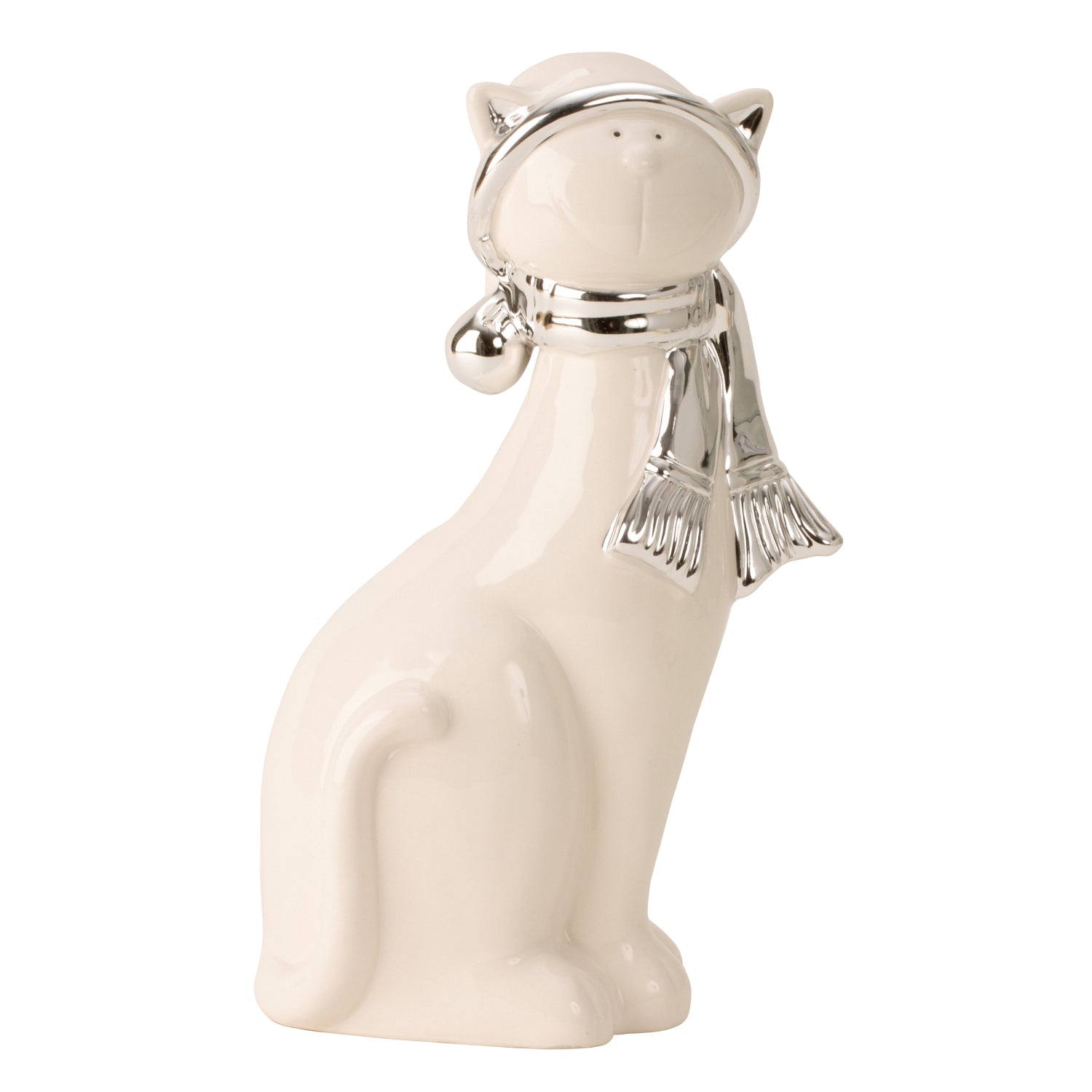 Sculpture moderne figure décorative chat en porcelaine debout blanc/argent hauteur 25 cm largeur 13cm