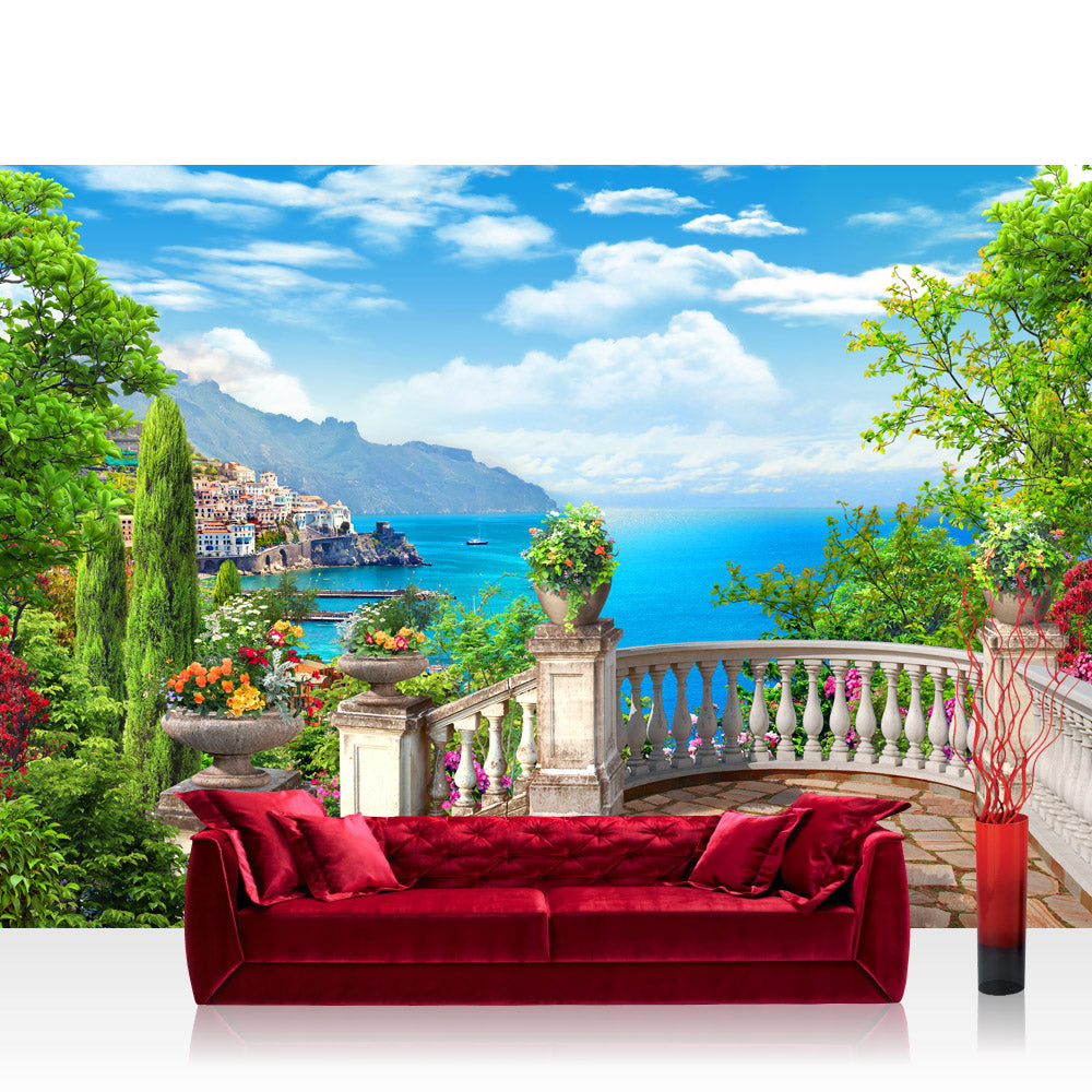 Nonwoven photo wallpaper sea wallpaper view terrace lake view sea sun red