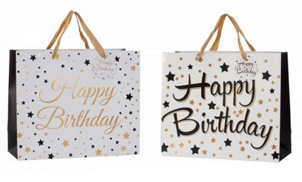 Modern Happy Birthday gift bags in a set of 4, dimensions 31x26x12 cm