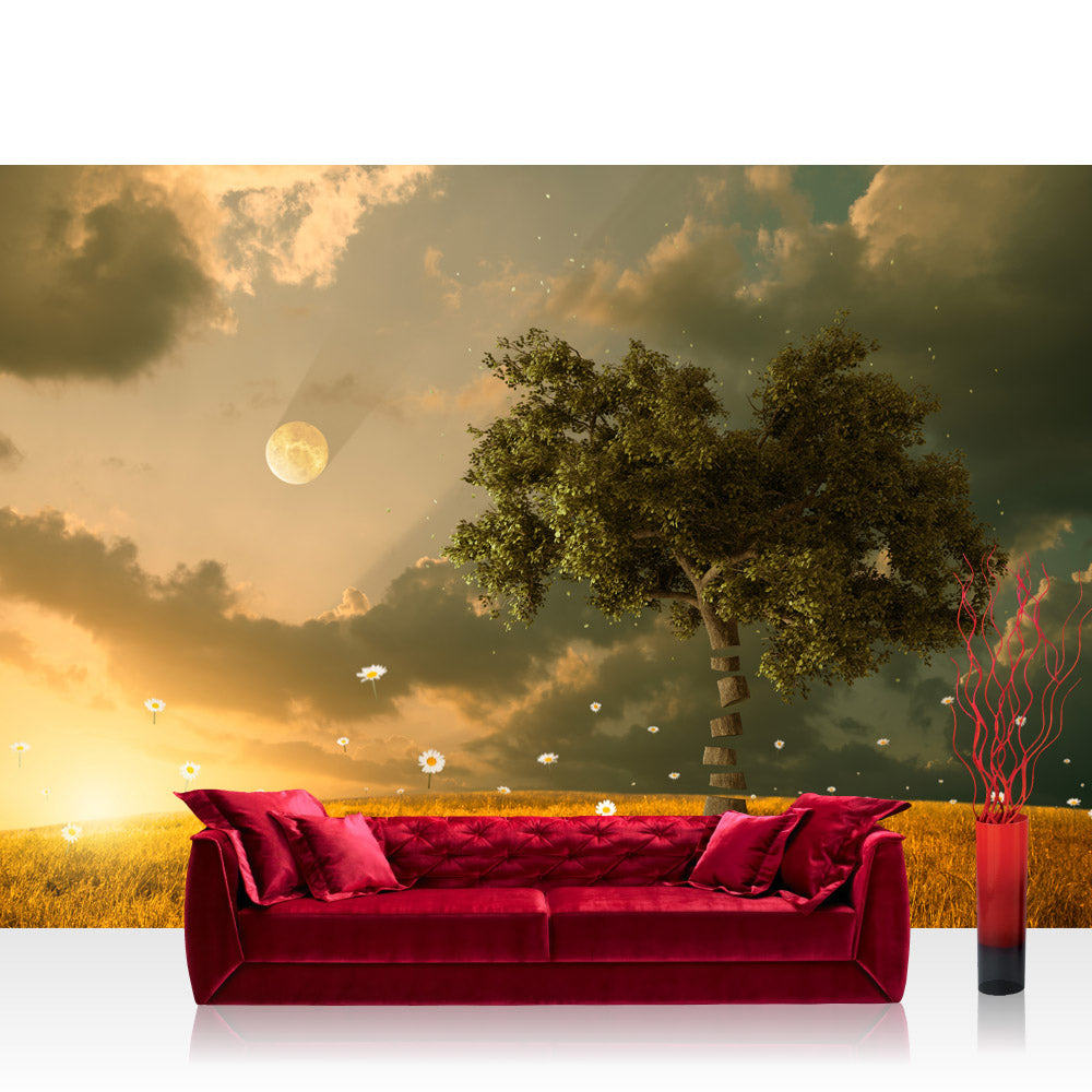 Nonwoven photo wallpaper nature wallpaper nature field sun moon tree brown