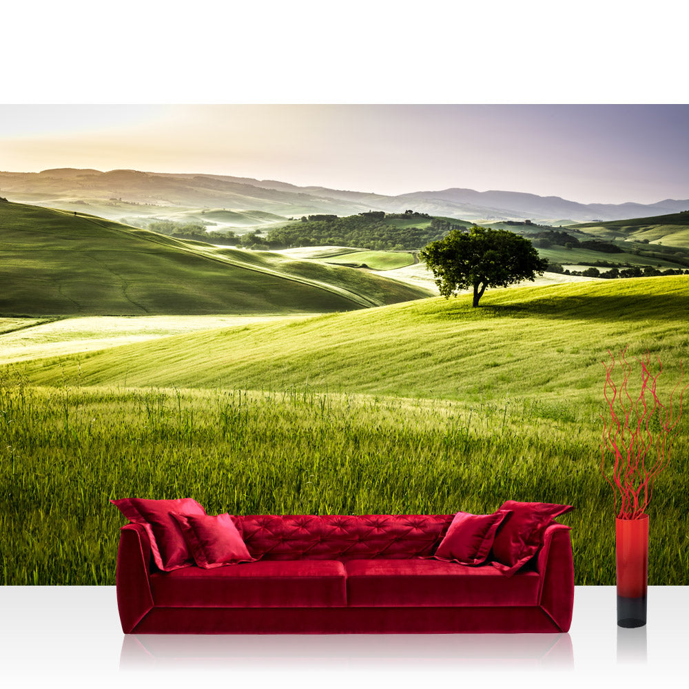 Nonwoven photo wallpaper landscape wallpaper field nature view mountains sun beige